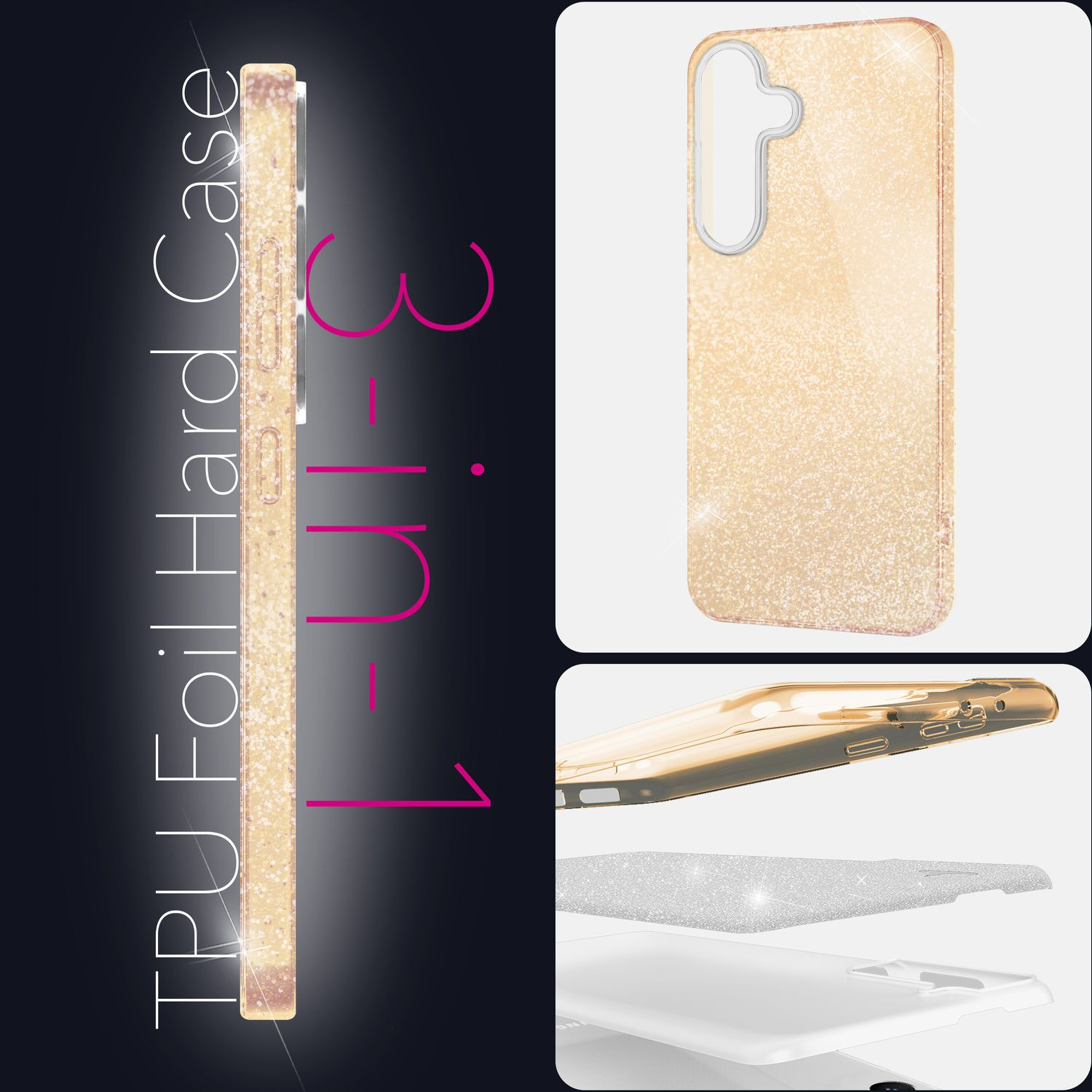 Eine Handyhülle mit glitzerndem Golddesign wird in drei Abschnitten dargestellt: Seitenansicht, Vorderansicht und Komponentenebenen auf Gradientenhintergrund.