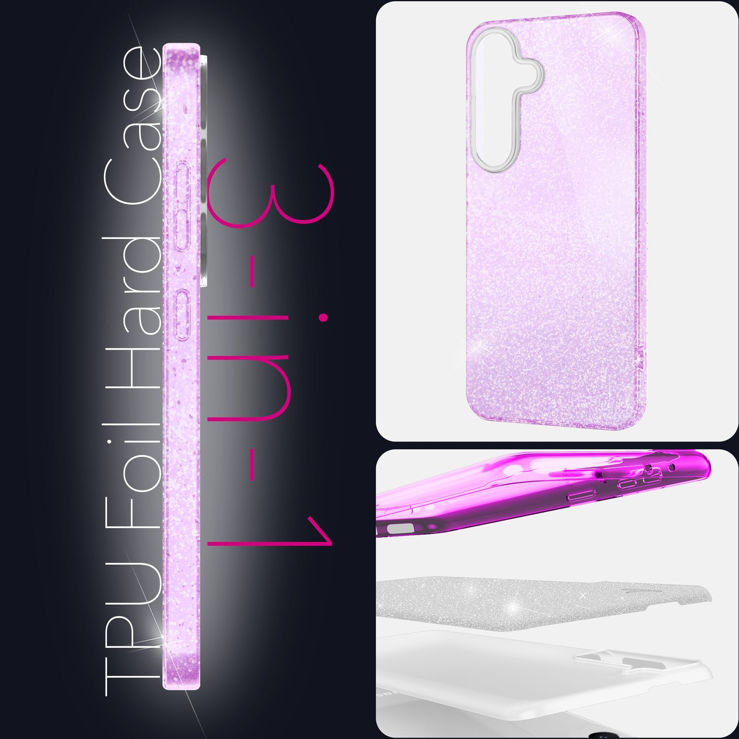 Eine 3-in-1 TPU-Folien-Hartschale für ein Telefon wird angezeigt. Es ist hellviolett mit Glitzer. Die Schichten der Hülle sind separat dargestellt.