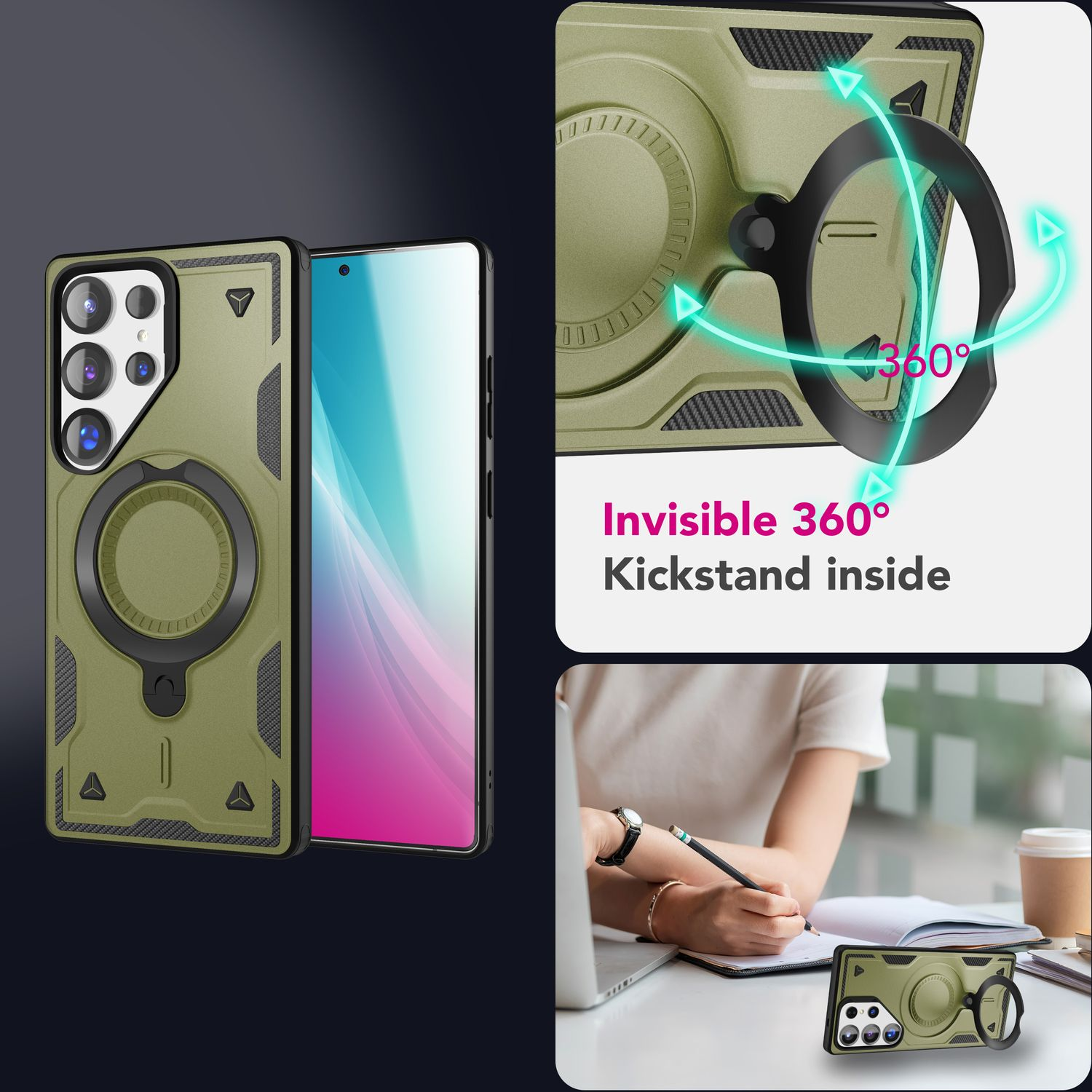 Eine olivgrüne Handyhülle mit schwarzem Ringhalter und einem Telefon. Der Hintergrund zeigt eine schreibende Person und eine Handyhülle.