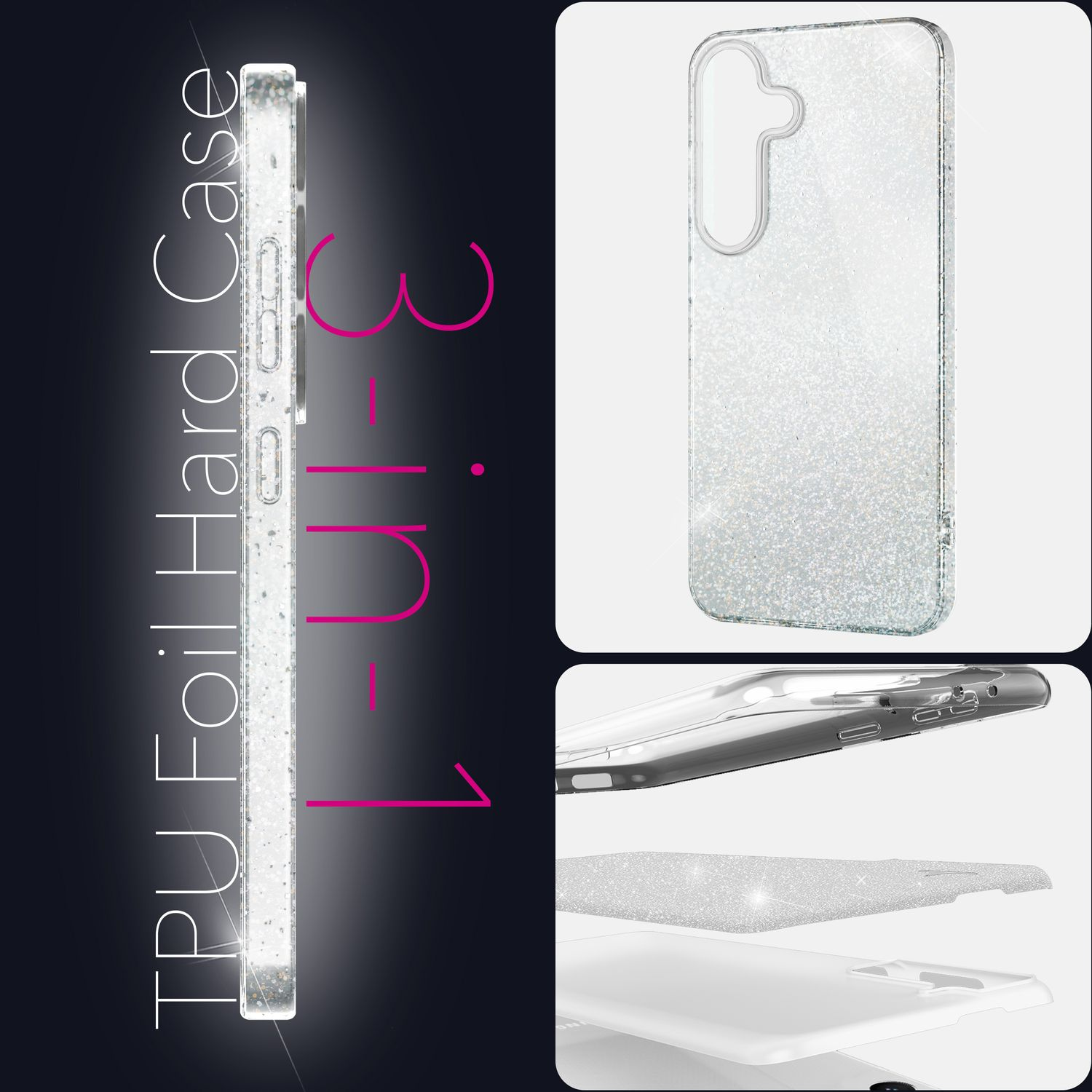 Eine Handyhülle. Sie ist klar, glitzernd und trägt die Aufschrift 'TPU Foil Hard Case 3-in-1' auf schwarzem Hintergrund.