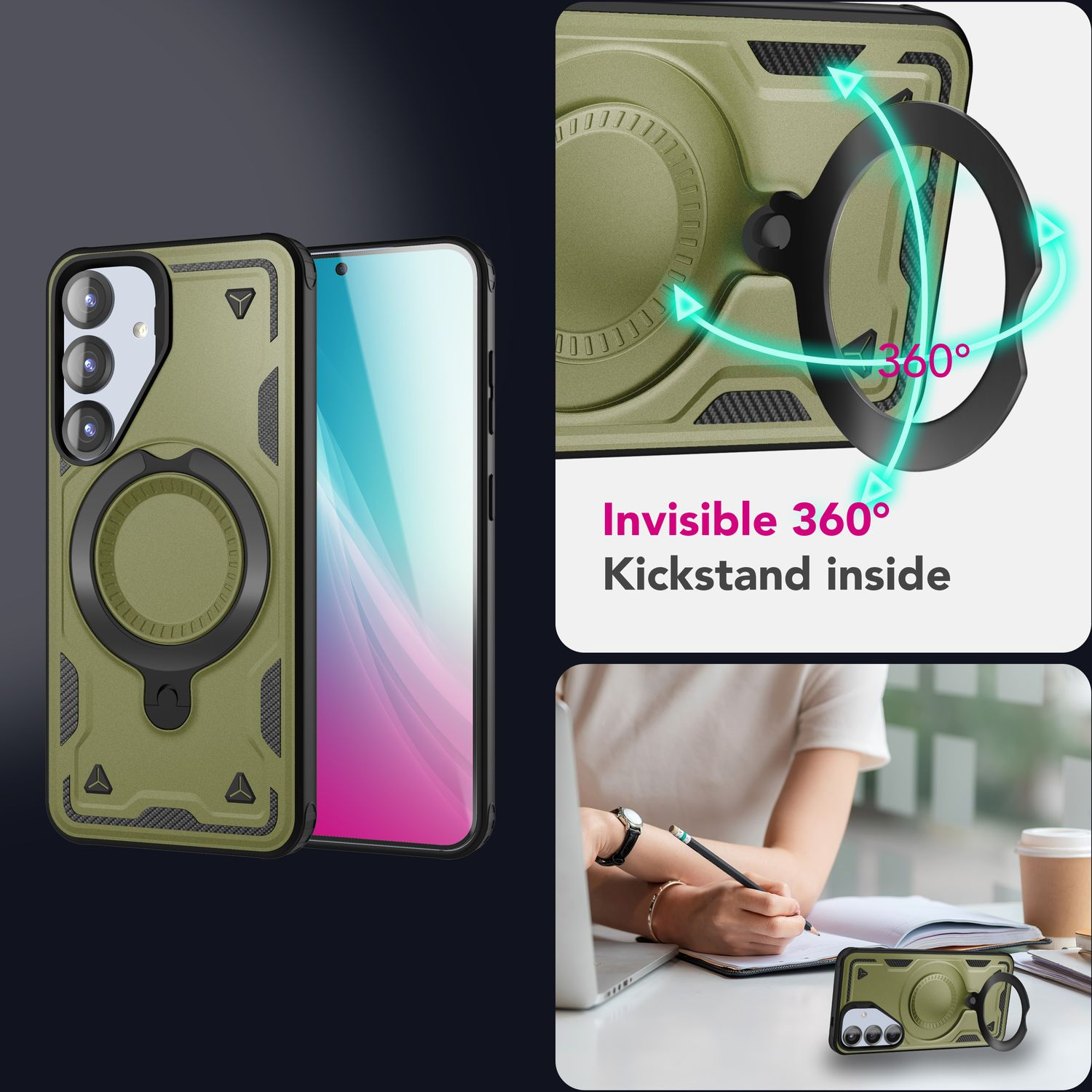 Eine olivgrüne Handyhülle mit einem schwarzen Ringständer. Die Handyhülle befindet sich neben einem Telefon. Eine Person schreibt auf einem Laptop.