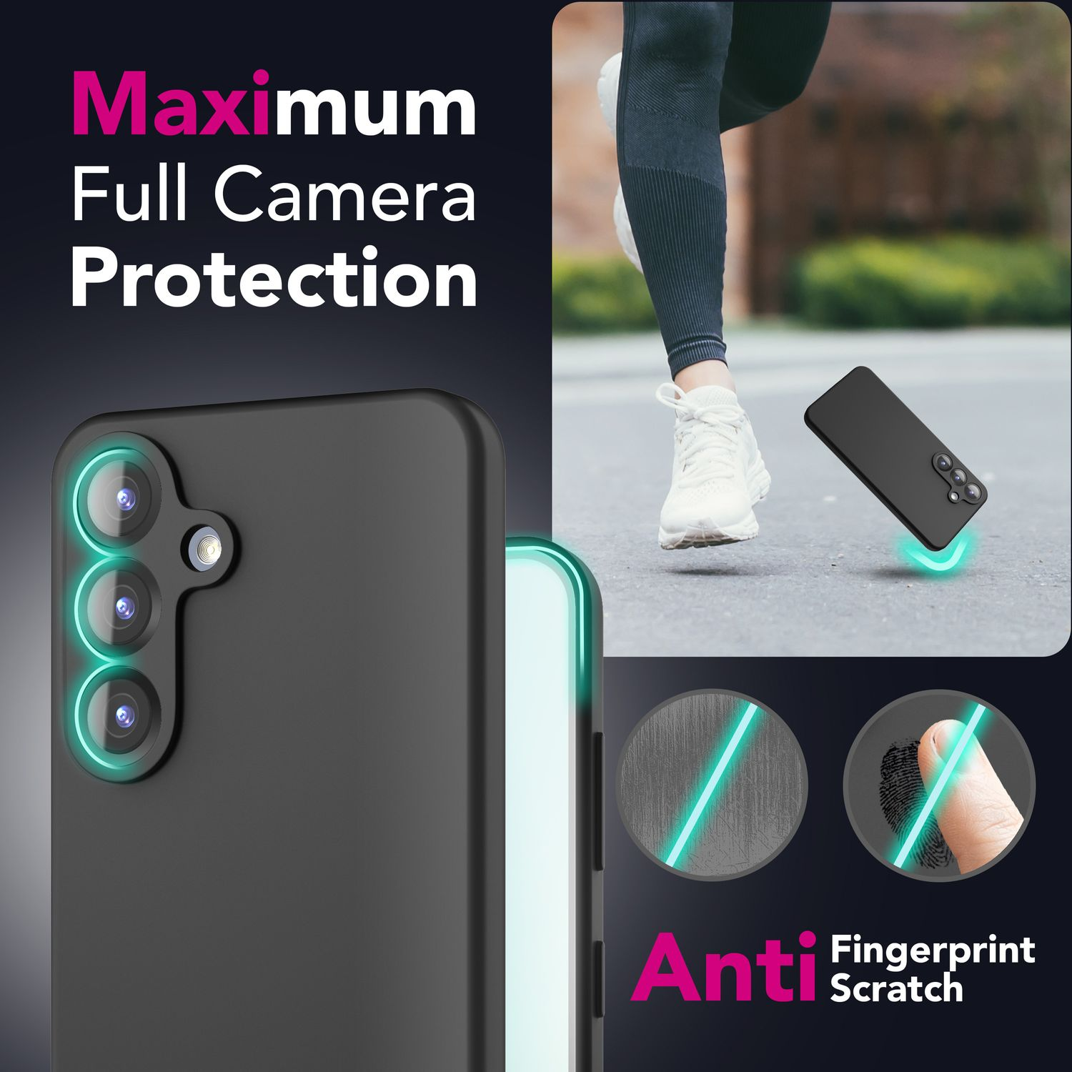 Schwarze Handyhülle mit Kameraschutz. Text sagt "Maximum Full Camera Protection" und "Anti Fingerprint Scratch". Im Hintergrund läuft eine Person.