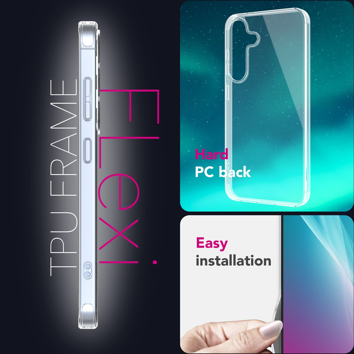 Eine Handyhülle mit klarem Design. Sie zeigt die Seitenansicht, die Rückseite und die Installation per Hand. Text hebt die harte PC-Rückseite und die einfache Installation hervor.