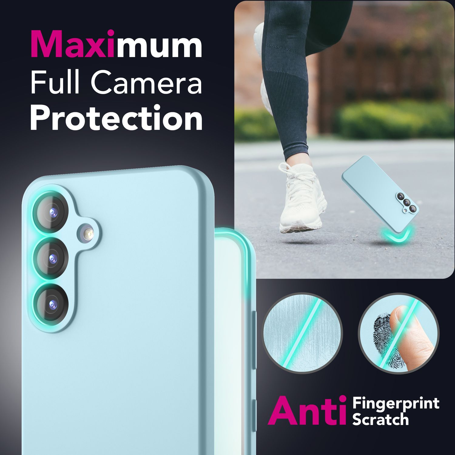 Ein Telefoncase mit drei Kameras wird zusammen mit einem Läufer in Bewegung gezeigt. Das Bild hebt Anti-Kratz- und Fingerabdruck-Funktionen hervor.