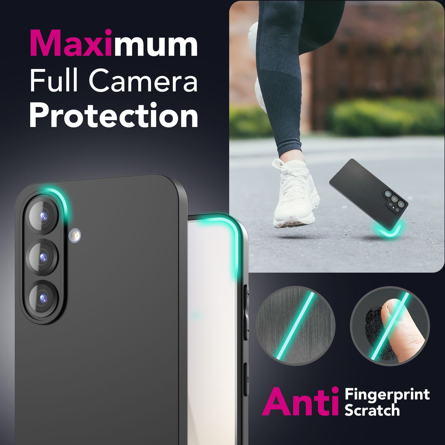 Das Bild zeigt eine Handyhülle, die ein Telefon schützt. Im Hintergrund rennt eine Person. Text: Maximaler Schutz der Kamera, Anti-Fingerabdruck-Kratzer.
