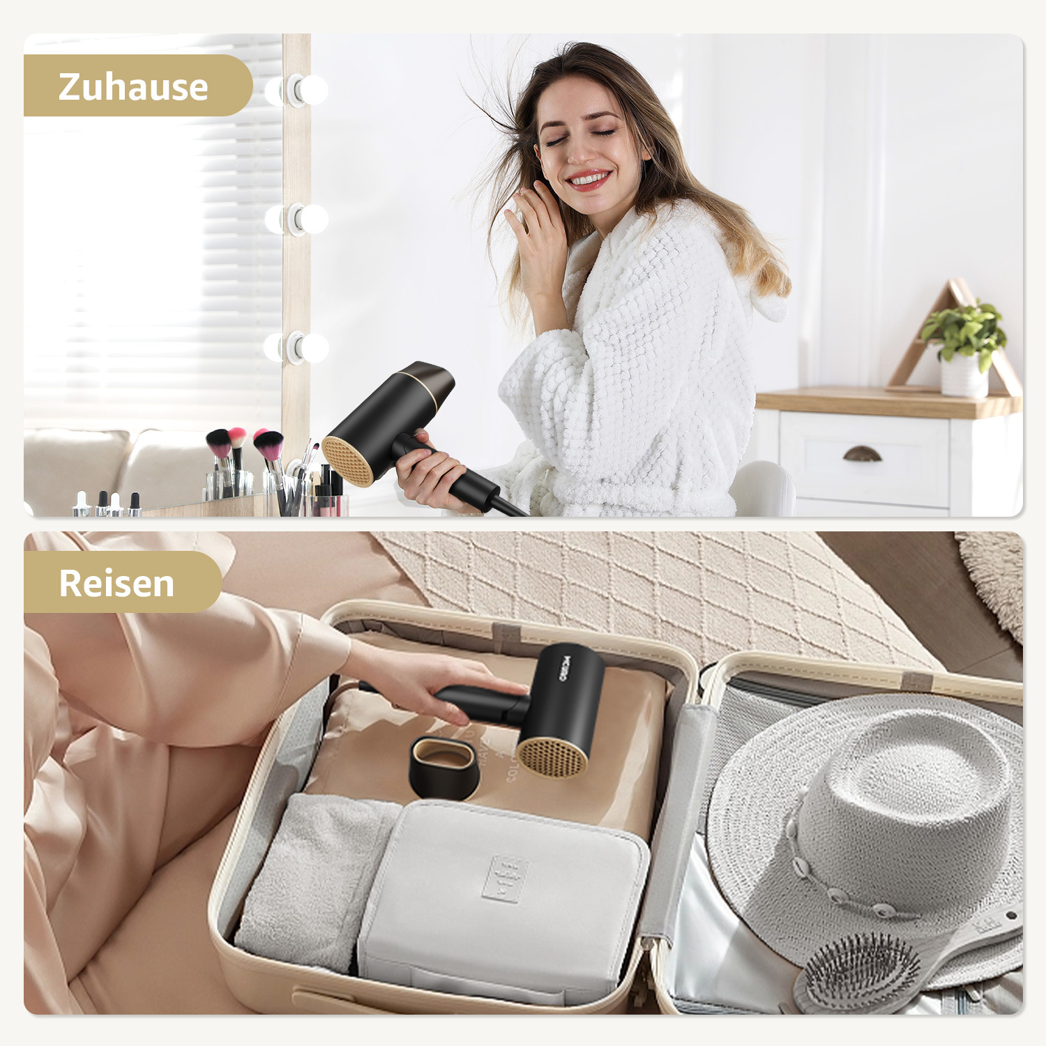 Eine Frau benutzt zu Hause einen schwarzen und goldenen Haartrockner. Eine andere Szene zeigt den Trockner verpackt in einem Koffer mit Hut und Zubehör.