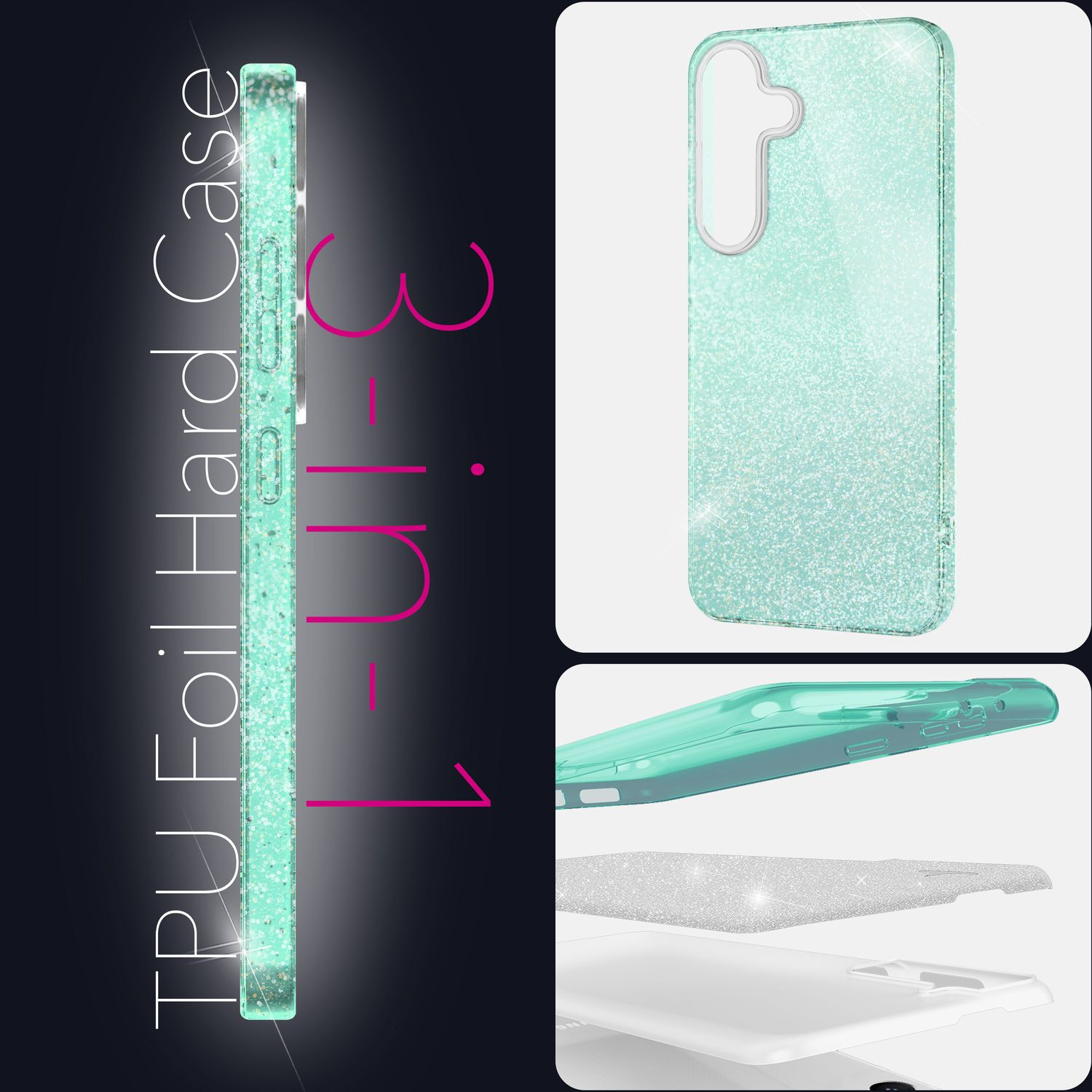 Das Bild zeigt eine teal Handyhülle mit Glitzer. Es ist eine 3-in-1 TPU Folien-Hartschale. Die Hülle wird in verschiedenen Ansichten angezeigt.