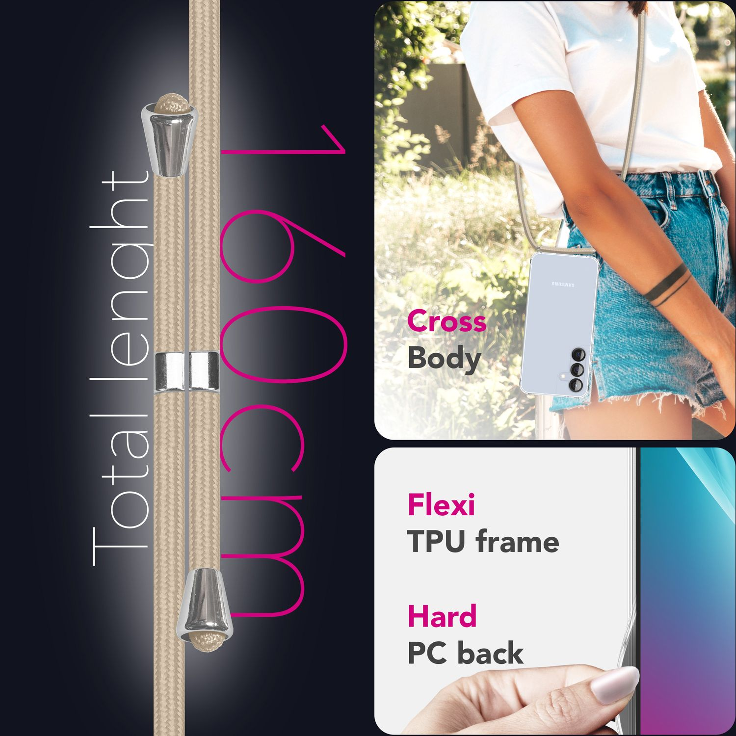 Eine Person, die eine Handyhülle mit beigem Kordel trägt. Das Bild zeigt eine Handyhülle mit 'Flexi TPU frame' und 'Hard PC back'.
