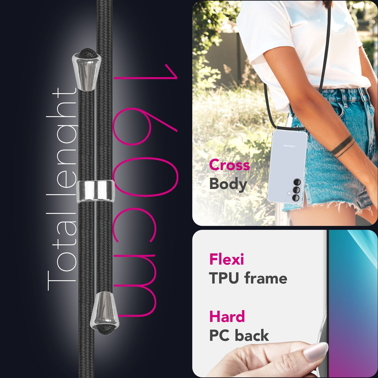 Eine Frau, die eine Handyhülle mit einem Lanyard trägt. Die Hülle wird als flexibler TPU-Rahmen und harter PC-Rückseite beschrieben. Das Lanyard ist schwarz.