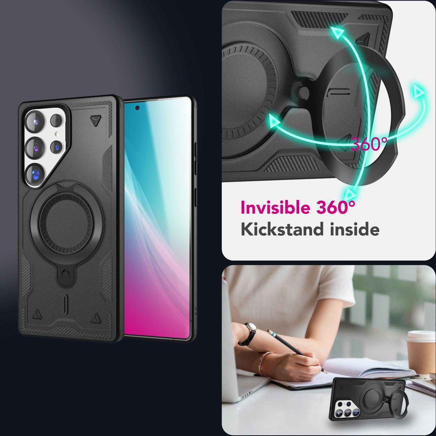 Schwarze Handyhülle mit 360°-Ständer. Im Hintergrund schreibt eine Person am Schreibtisch. Das Telefon ist sichtbar.