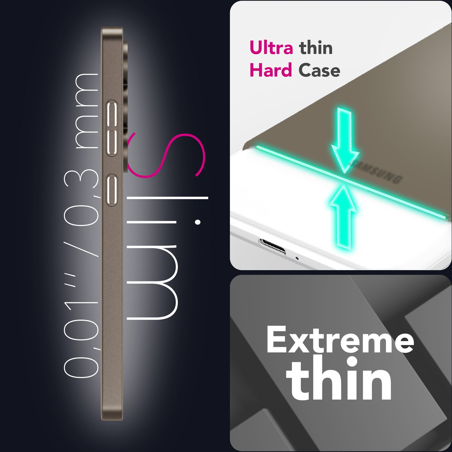 Das Bild zeigt eine Handyhülle mit den Maßen 0,01"/0,3 mm, mit dem Text "Slim" und den Sätzen "Ultra dünne Hartschale" und "Extrem dünn".