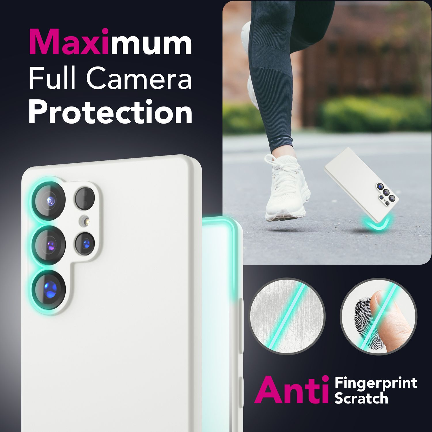 Das Bild zeigt ein weißes Telefon mit Kameraschutz, einen Läufer und Anti-Fingerabdruck-Kratz-Funktionen.