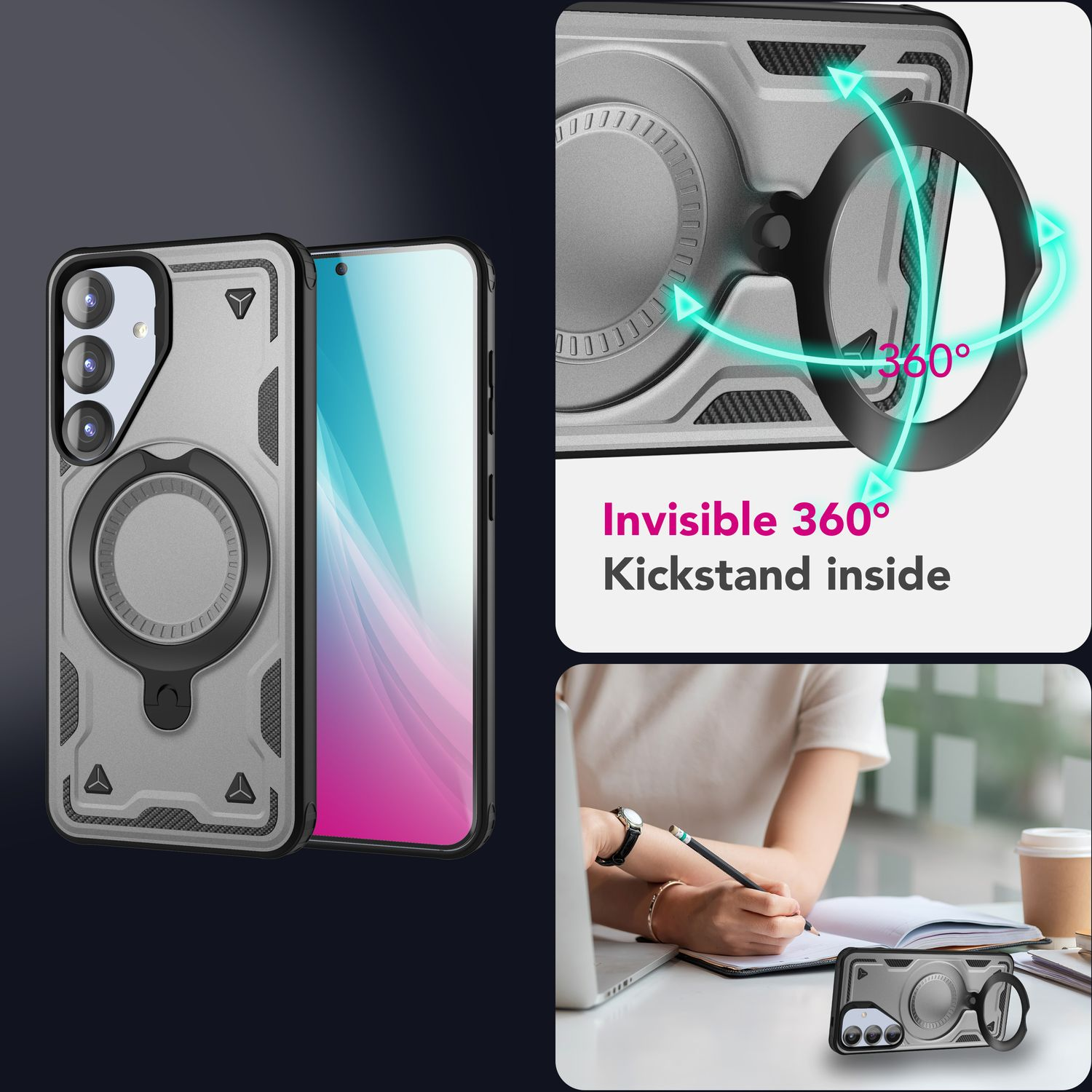 Gezeigte Handyhülle mit 360°-Ständer. Eine Person schreibt mit einem Bleistift. Die Hülle und das Telefon sind grau und schwarz.