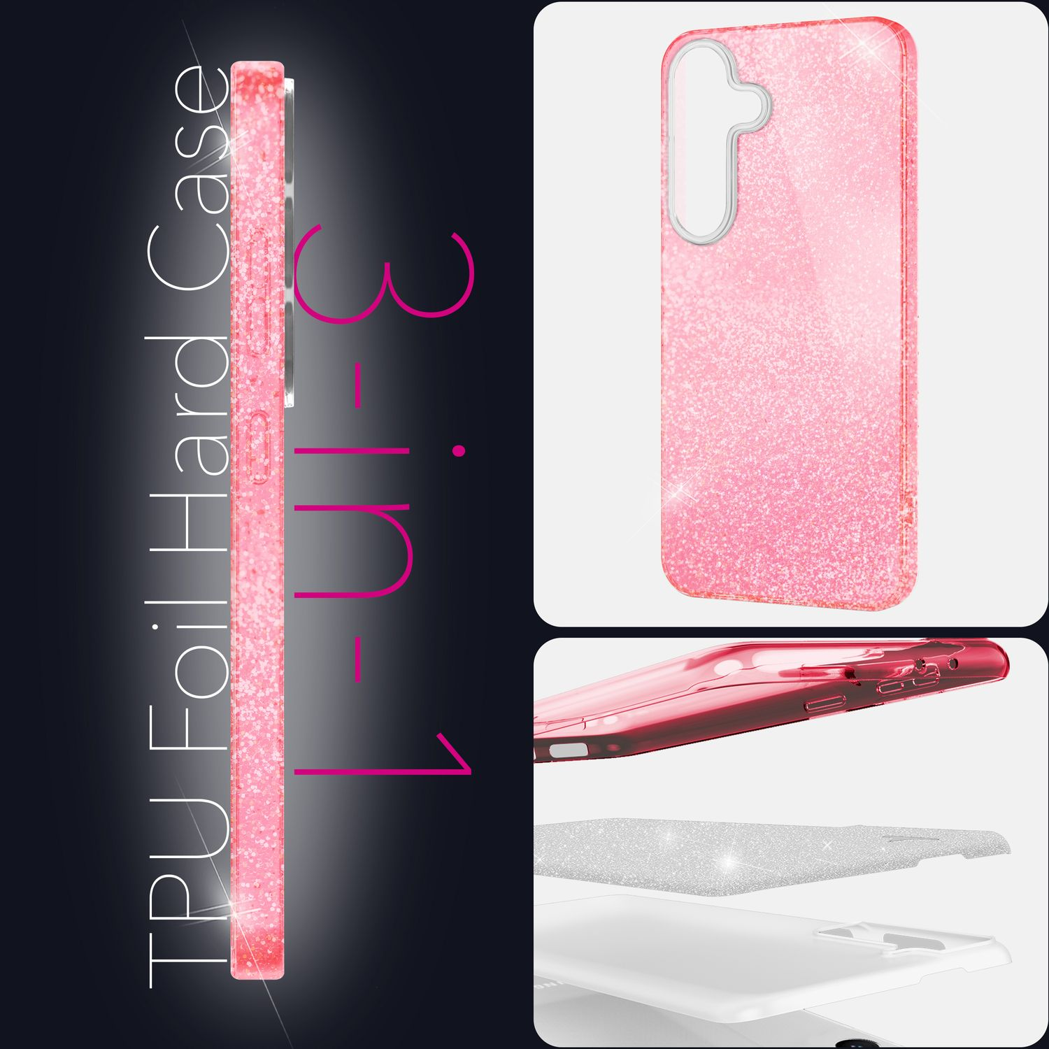 Rosa Glitzer-Handyhülle, 3-in-1-Design. Enthält Schichten: transparente Hülle, Glitzerschicht und weiße Basis. Produkttext: TPU-Folie Hartschale.