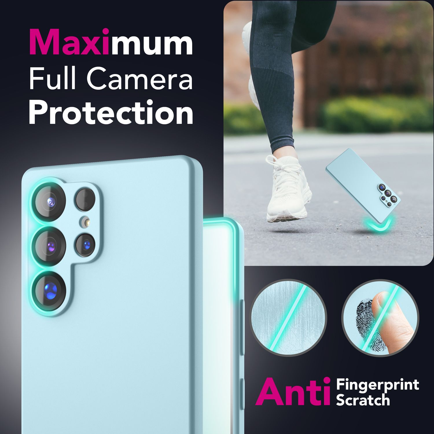 Hellblaue Handyhülle mit Kameraschutz. Im Hintergrund rennt eine Person. Text: 'Maximum Full Camera Protection'.