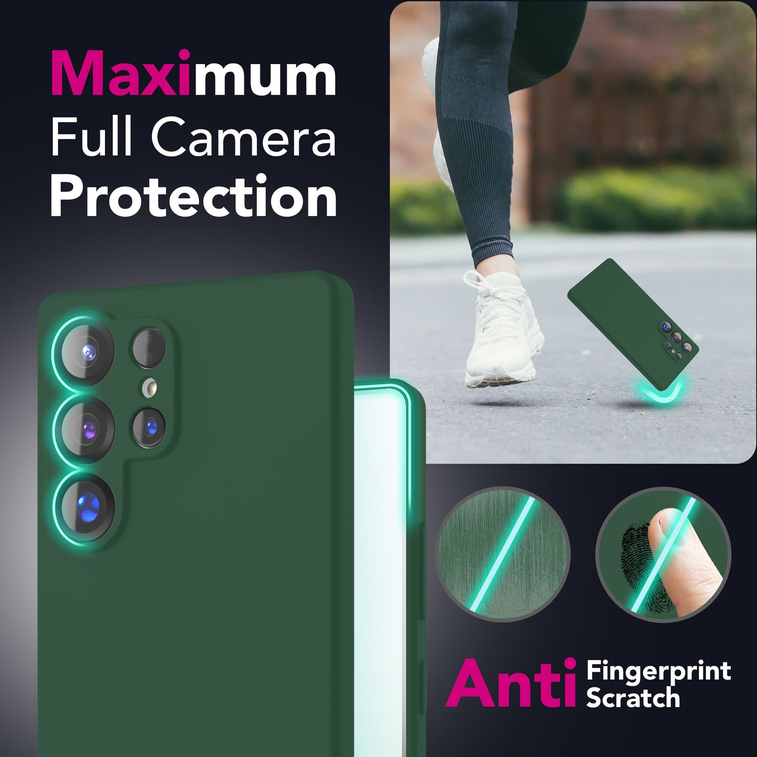 Eine Handyhülle mit Kameraschutz. Eine Person in Laufkleidung. Der Text lautet 'Maximum Full Camera Protection' und 'Anti Fingerprint Scratch'.