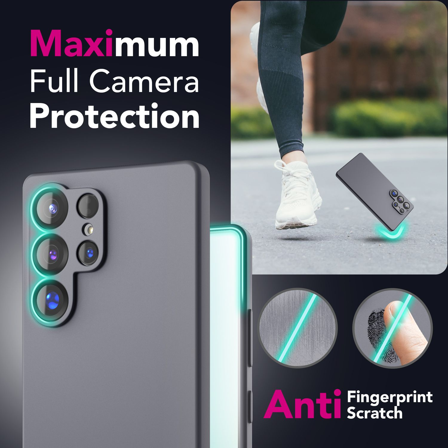 Das Bild zeigt ein Telefon mit Kameraschutz, einen Läufer und Anti-Kratz-Funktionen. Das Telefon ist grau, mit rosa und weißem Text.