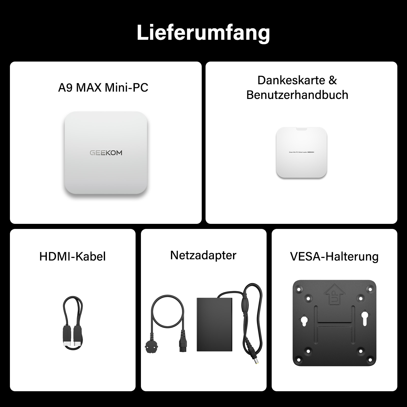Das Bild zeigt die Komponenten eines Produkts: Mini-PC, Benutzerhandbuch, HDMI-Kabel, Adapter und VESA-Halterung, alles auf weißem Hintergrund.