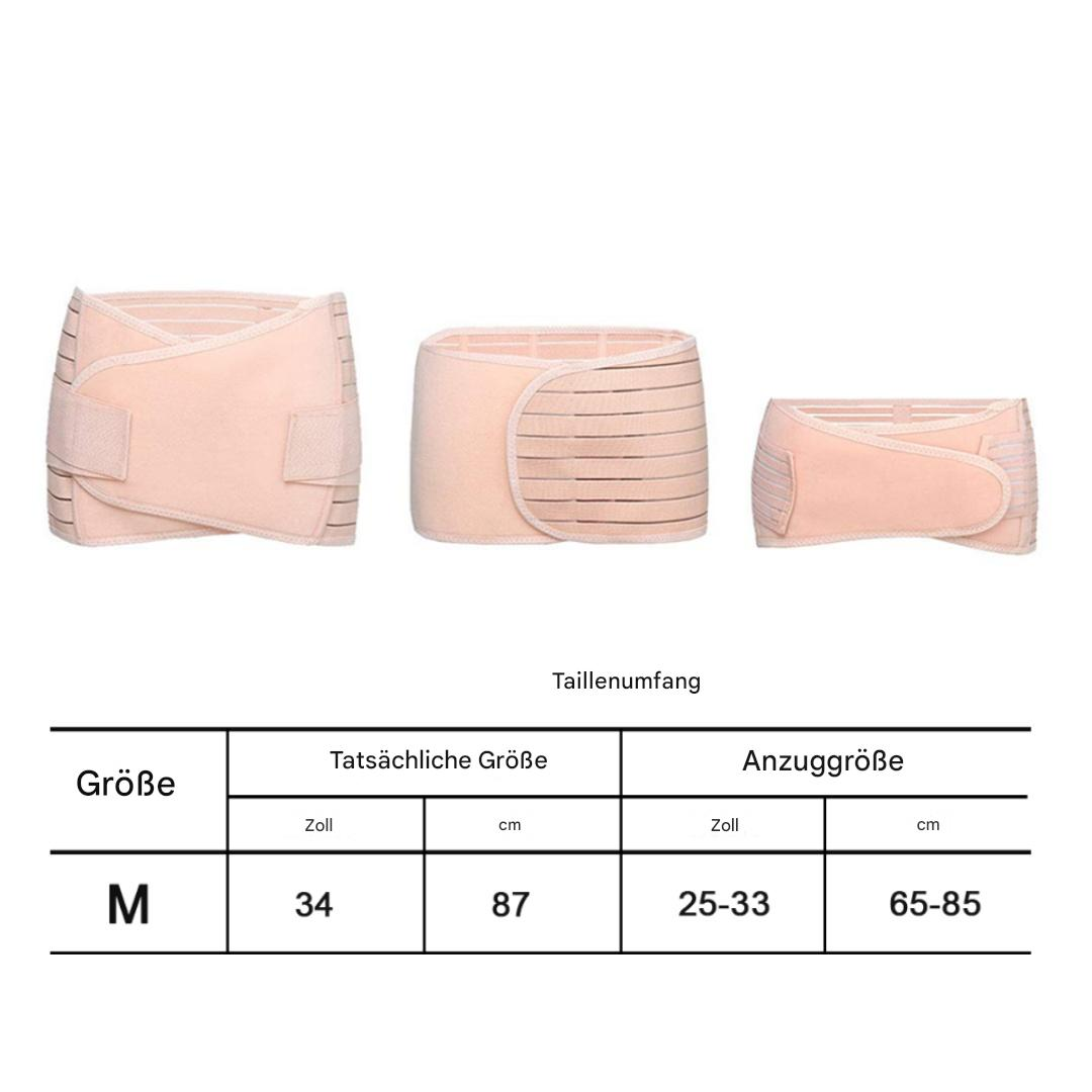 Drei beige Postpartum-Gürtel und eine Größentabelle. Die Tabelle zeigt Größe M mit Maßen in Zoll und Zentimetern.