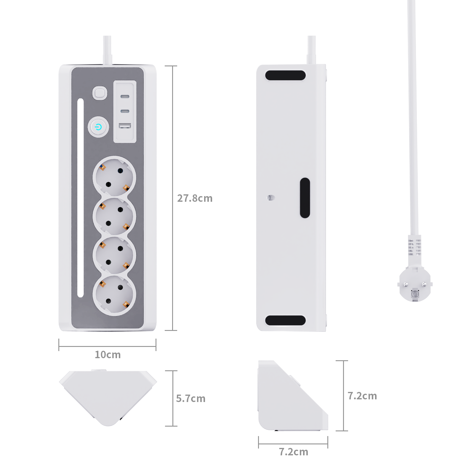 Weißes und graues Stromkabel mit vier Steckdosen, Strom- und USB-Anschlüssen und einem weißen Netzkabel mit Stecker.
