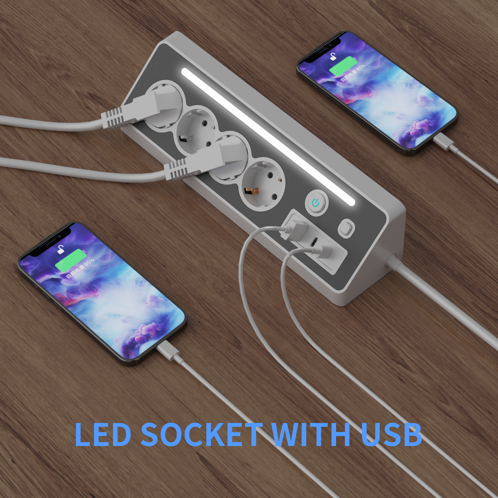 Eine Steckdosenleiste mit USB-Anschlüssen. Drei Telefone werden aufgeladen. Die Leiste hat ein Licht und eine Power-Taste. Holzoberfläche.