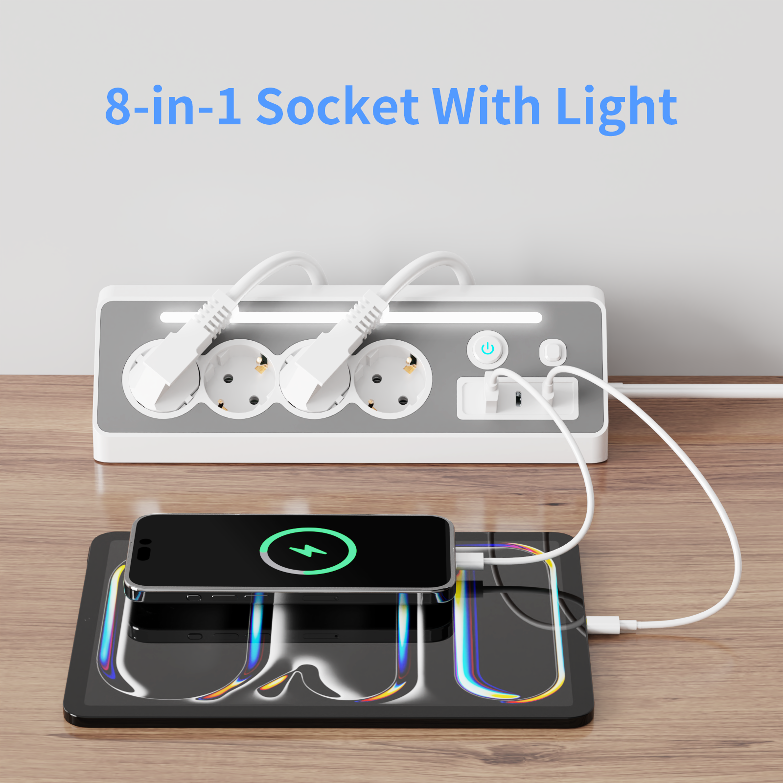 Eine 8-in-1-Steckdose mit Licht, die ein Telefon und ein Tablet auf einem Holztisch auflädt. Weißes Kabel ist eingesteckt.