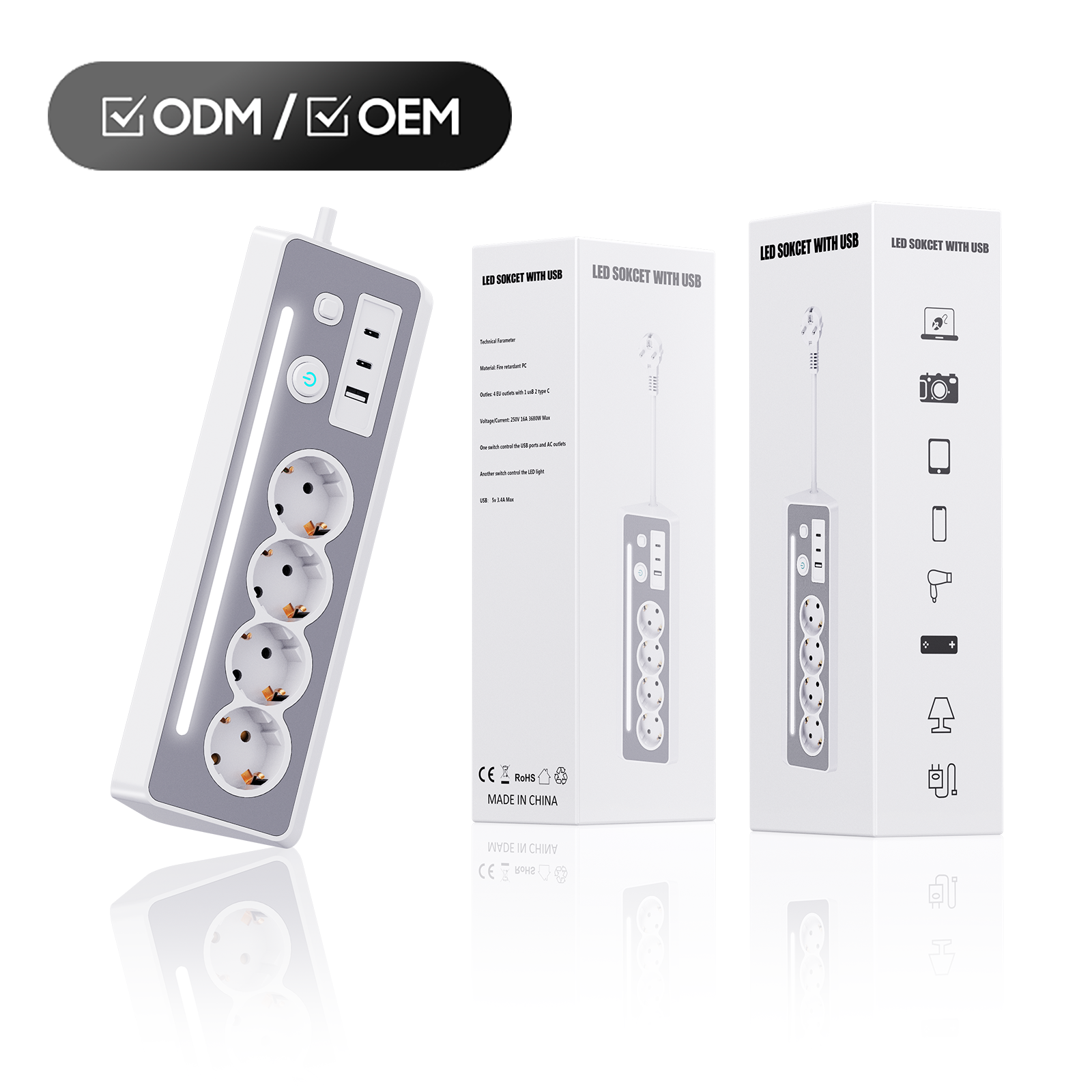 Weißes und graues Verlängerungskabel mit vier Steckdosen, USB-Anschlüssen und einem Ein/Aus-Schalter. Produktverpackung ebenfalls sichtbar.