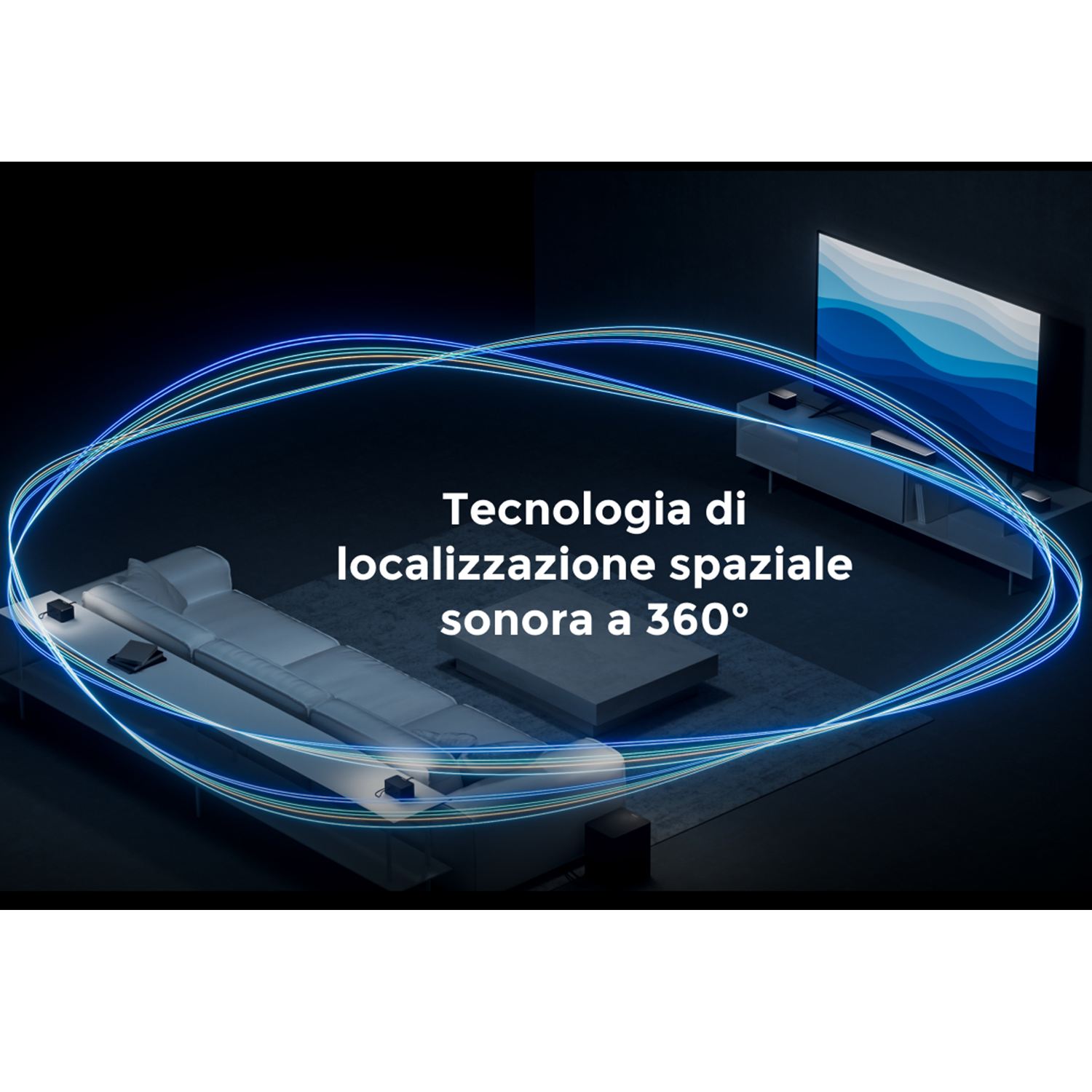 Un moderno soggiorno con divano, tavolino e TV. Linee blu curve circondano la scena e il testo recita 'tecnologia di localizzazione del suono a 360°'.