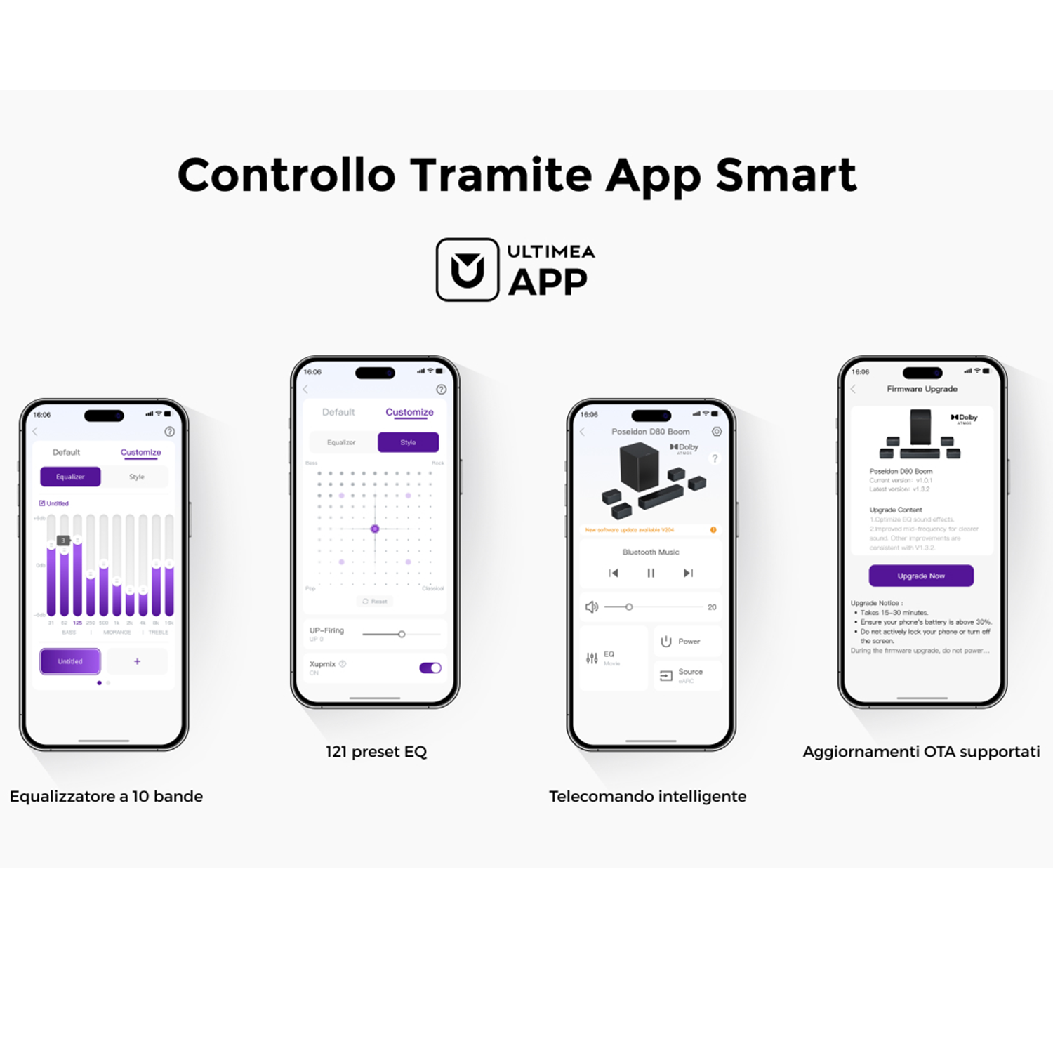 Schermate del telefono che mostrano le opzioni di controllo dell'app, tra cui equalizzatore, stile e aggiornamento firmware.