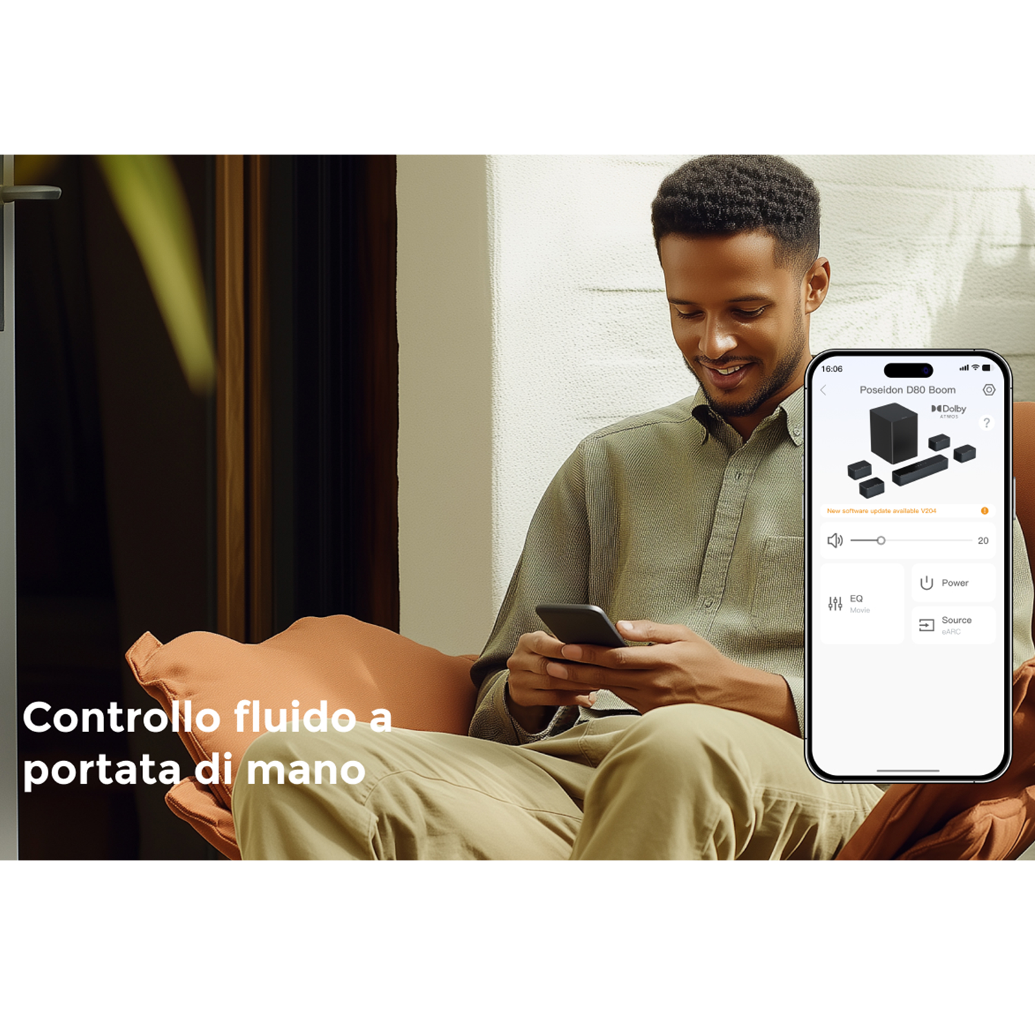Un uomo usa uno smartphone per controllare un dispositivo, mostrando uno schermo con un'immagine del prodotto e opzioni di controllo.