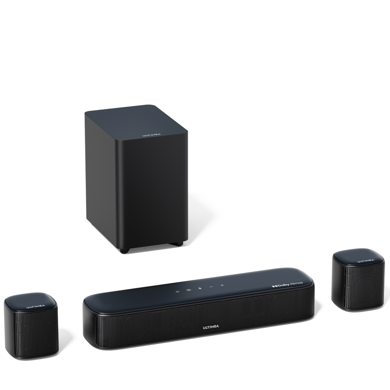Ein schwarzes Soundsystem mit Subwoofer, Soundbar und zwei Satellitenlautsprechern. Die Marke ist Ultimea.