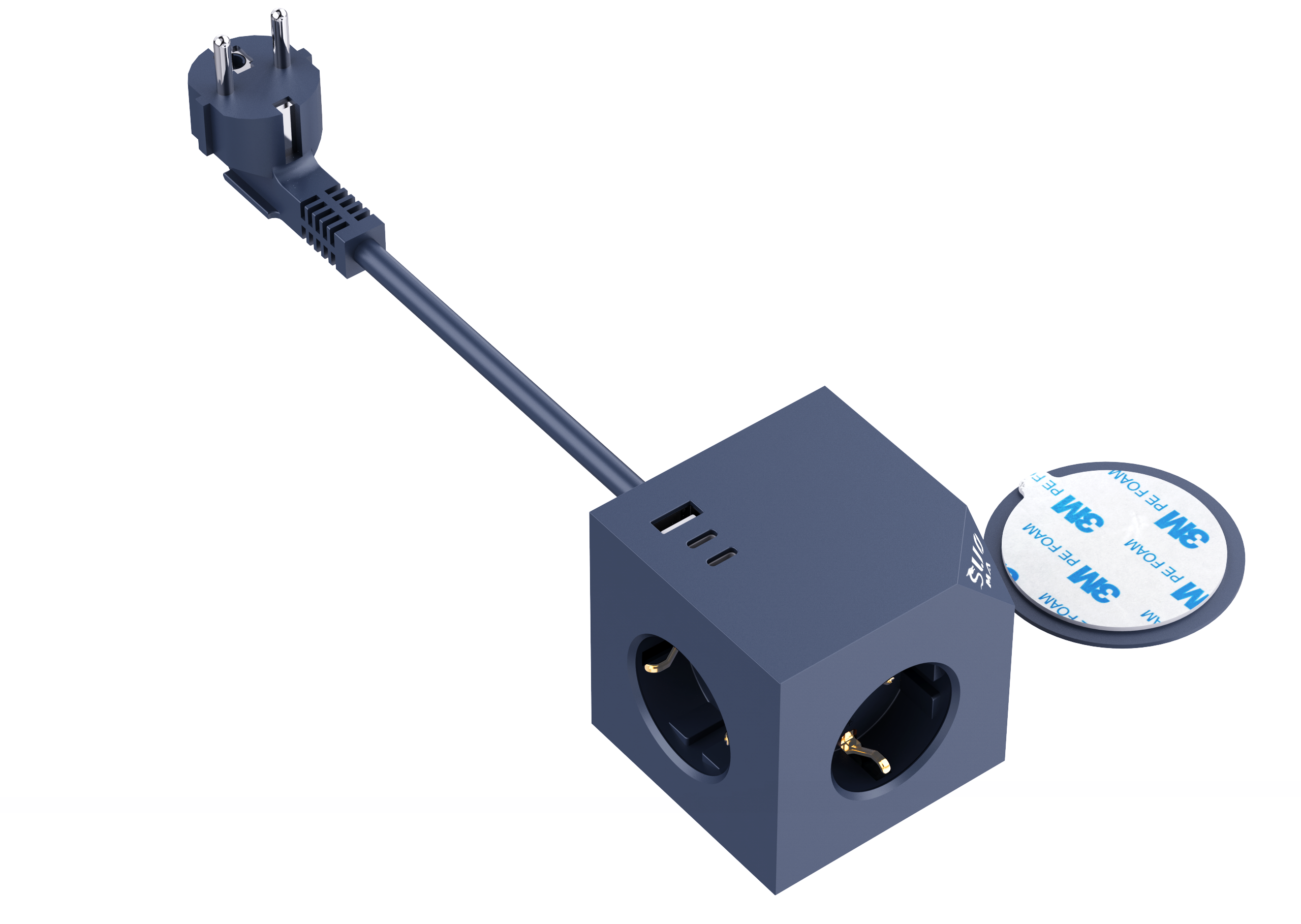 Ein blaues Verlängerungskabel mit drei Steckdosen, zwei USB-Anschlüssen und einem Stecker. Ein 3M-Aufkleber ist daneben platziert.