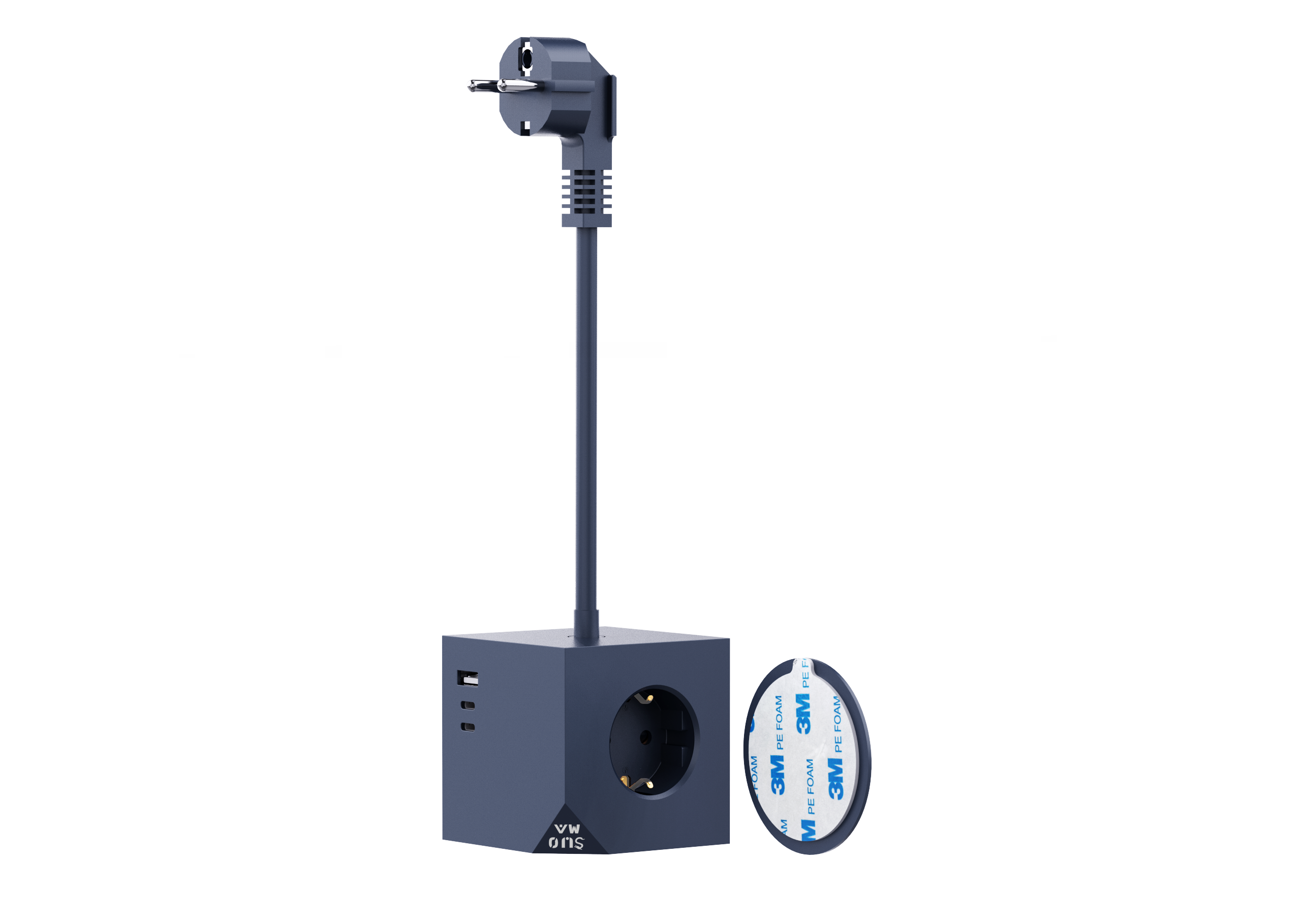Ein blaues Verlängerungskabel mit Stecker, Würfelbasis und USB-Anschlüssen. Ein 3M-Klebepad daneben.