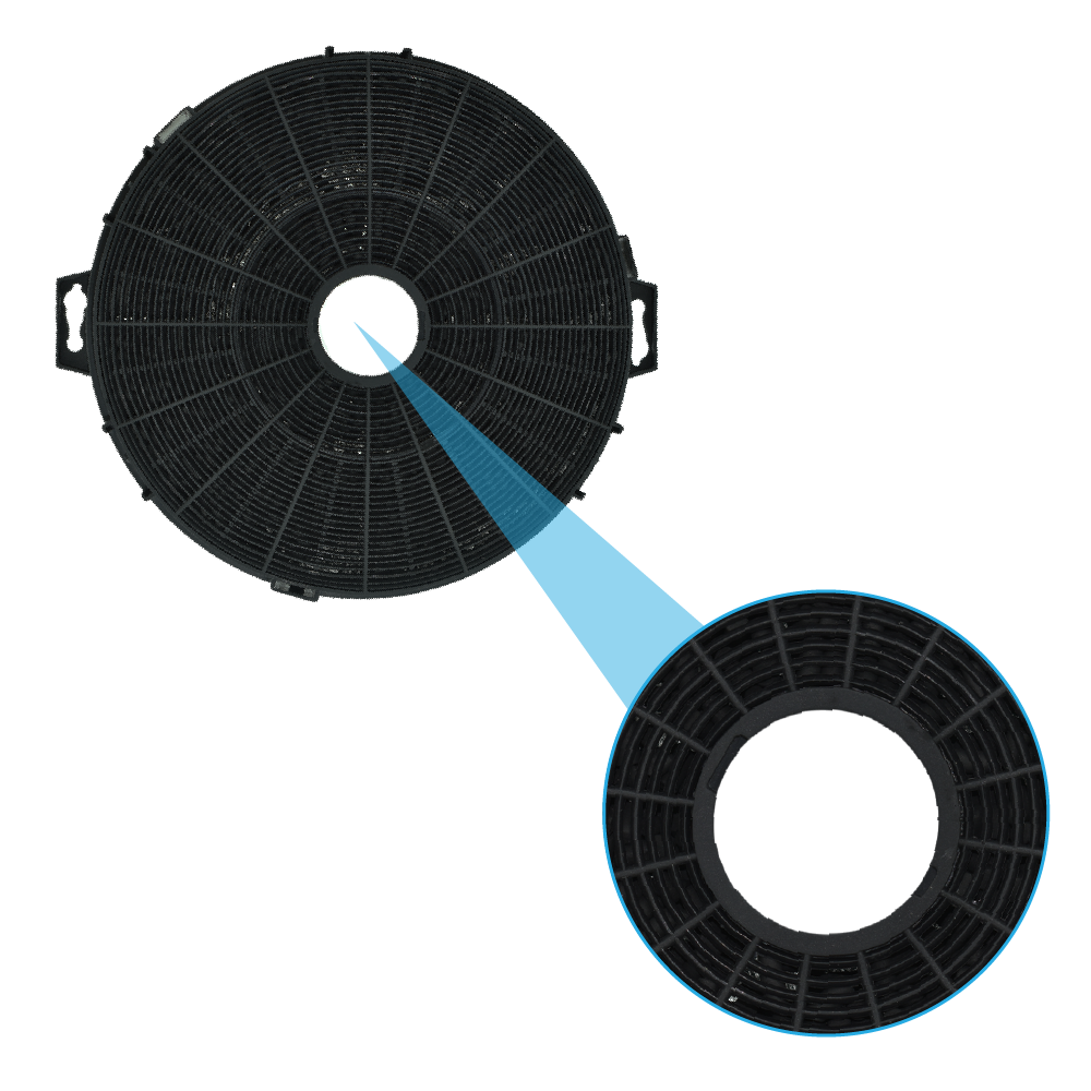 Viene mostrato un filtro circolare nero con un foro centrale. Una vista ingrandita evidenzia la struttura a rete e i dettagli del filtro.