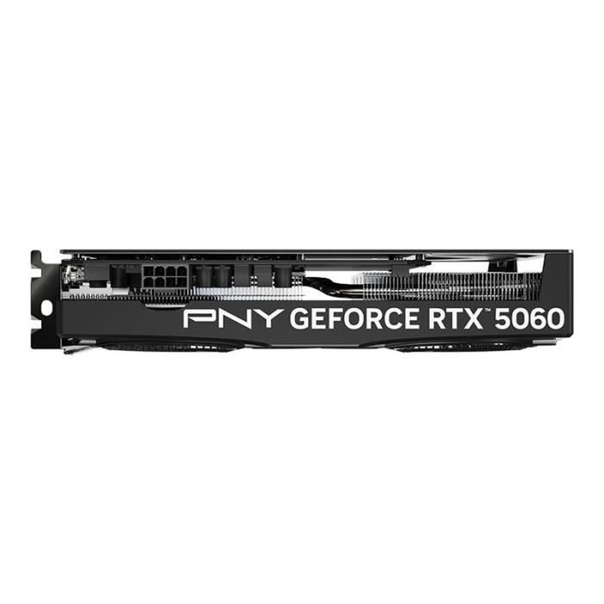 Eine schwarze PNY GeForce RTX 5060 Grafikkarte. Die Karte befindet sich auf weißem Hintergrund, der Name ist deutlich sichtbar.