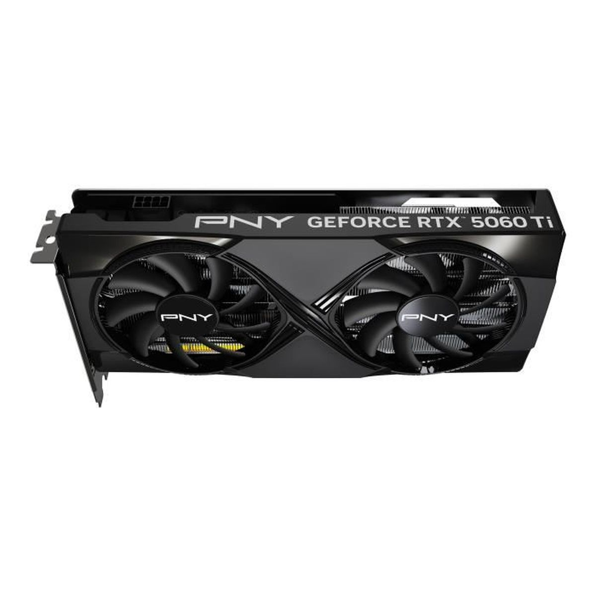 Eine PNY GeForce RTX 3060 Ti Grafikkarte mit zwei Lüftern. Die Karte ist schwarz, mit PNY und GeForce RTX Logos.