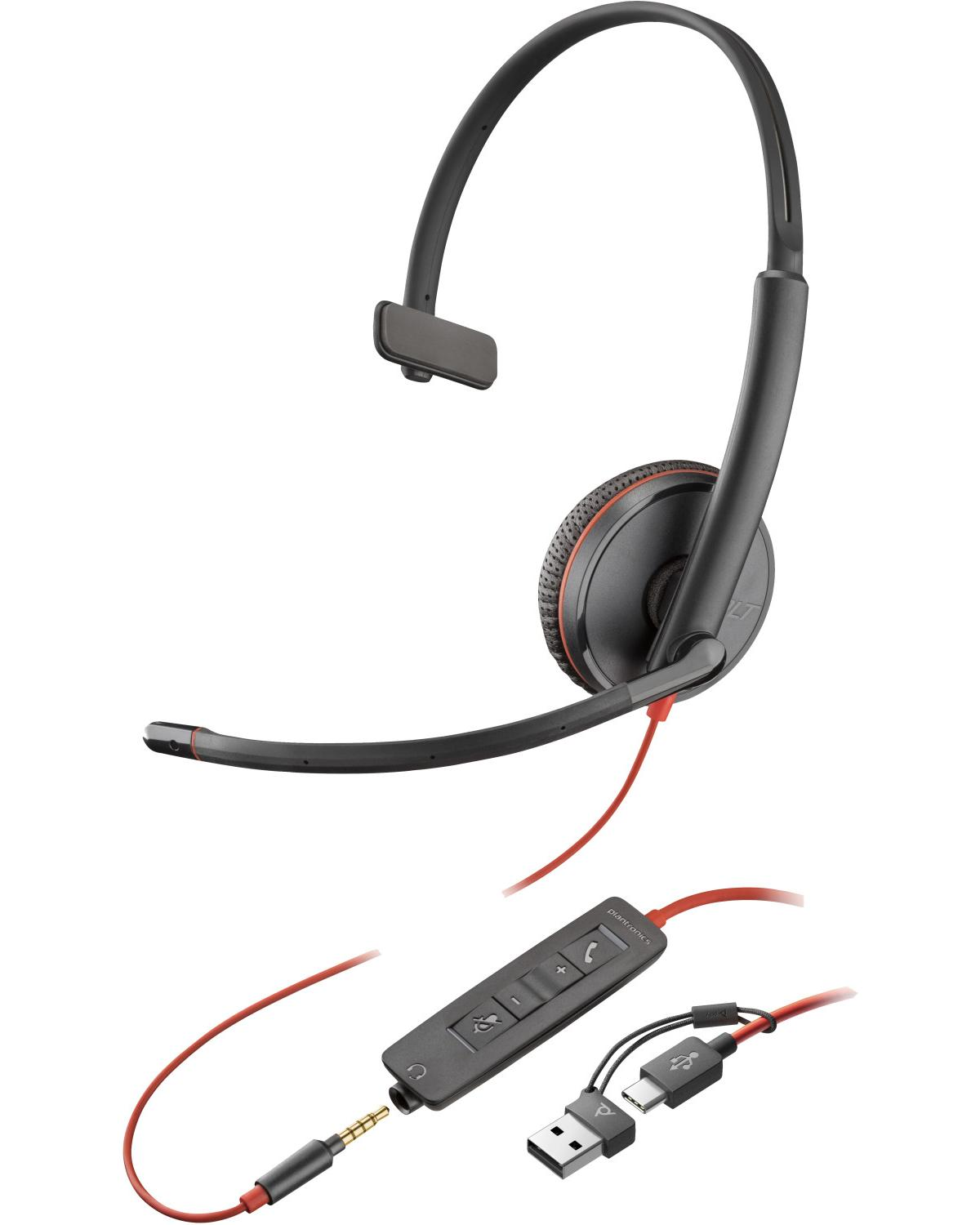 Cuffie nere con dettagli rossi. Include unità di controllo, USB e jack audio.