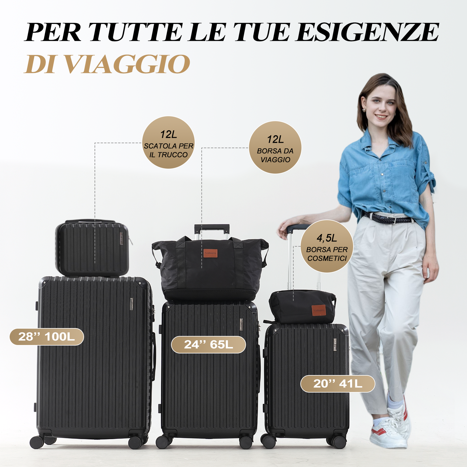 Una donna è in piedi vicino a valigie e borse nere. Il testo recita 'PER TUTTE LE TUE ESIGENZE DI VIAGGIO'.