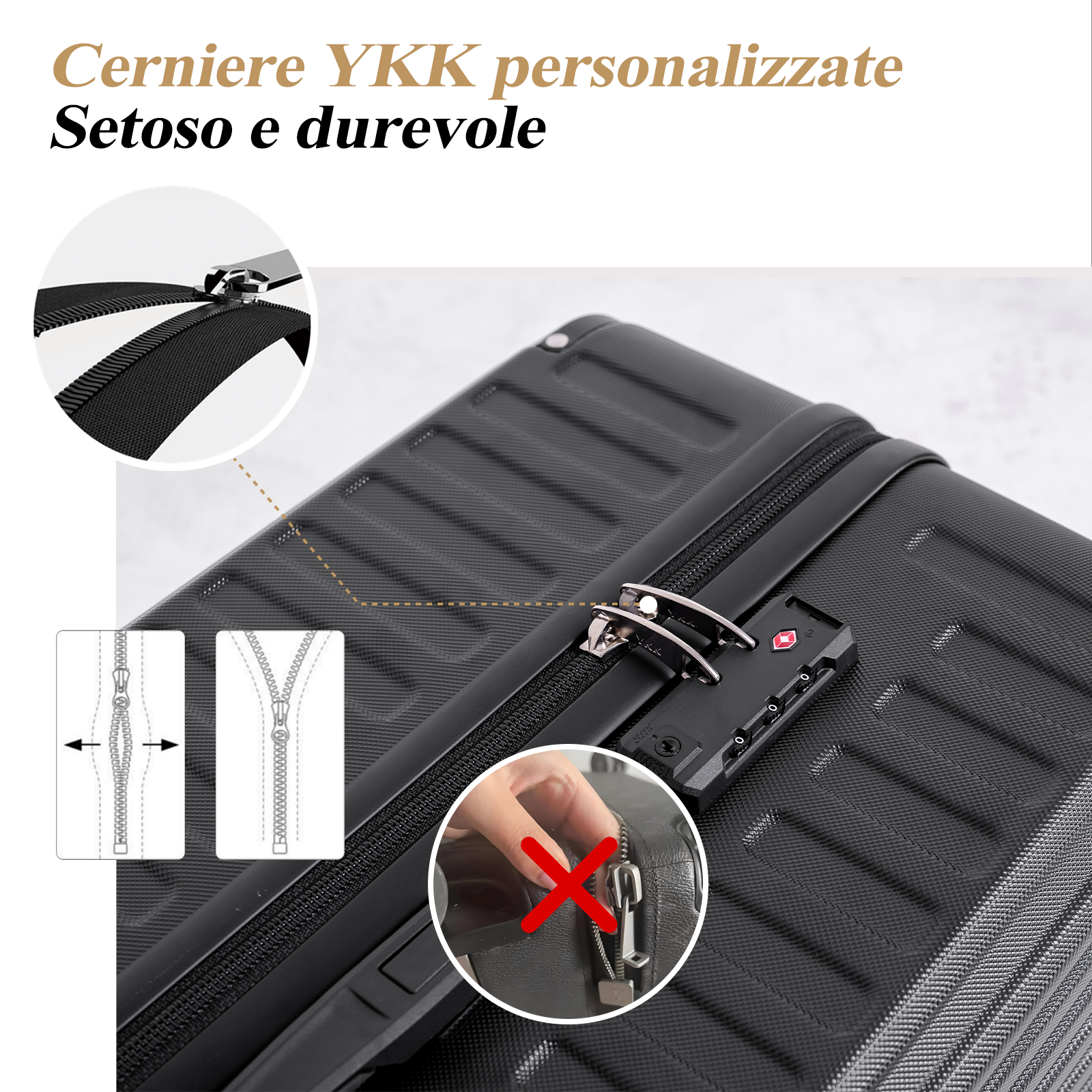 Una valigia nera con cerniera dettagliata e serratura. Primi piani mostrano dettagli della cerniera e una mano che interagisce.