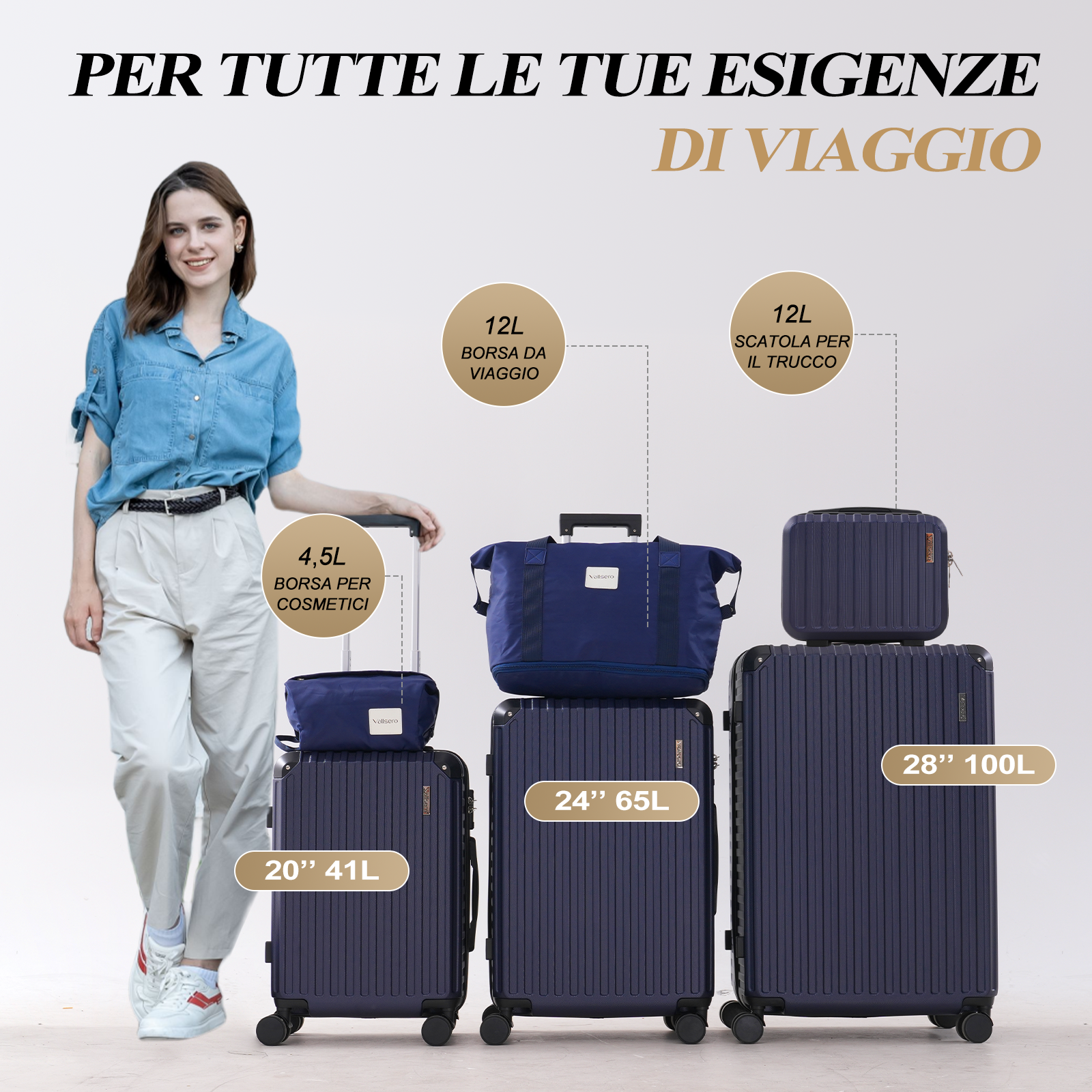 Una donna è in piedi accanto a valigie blu scuro di diverse dimensioni. Il testo dice 'PER TUTTE LE TUE ESIGENZE DI VIAGGIO'.