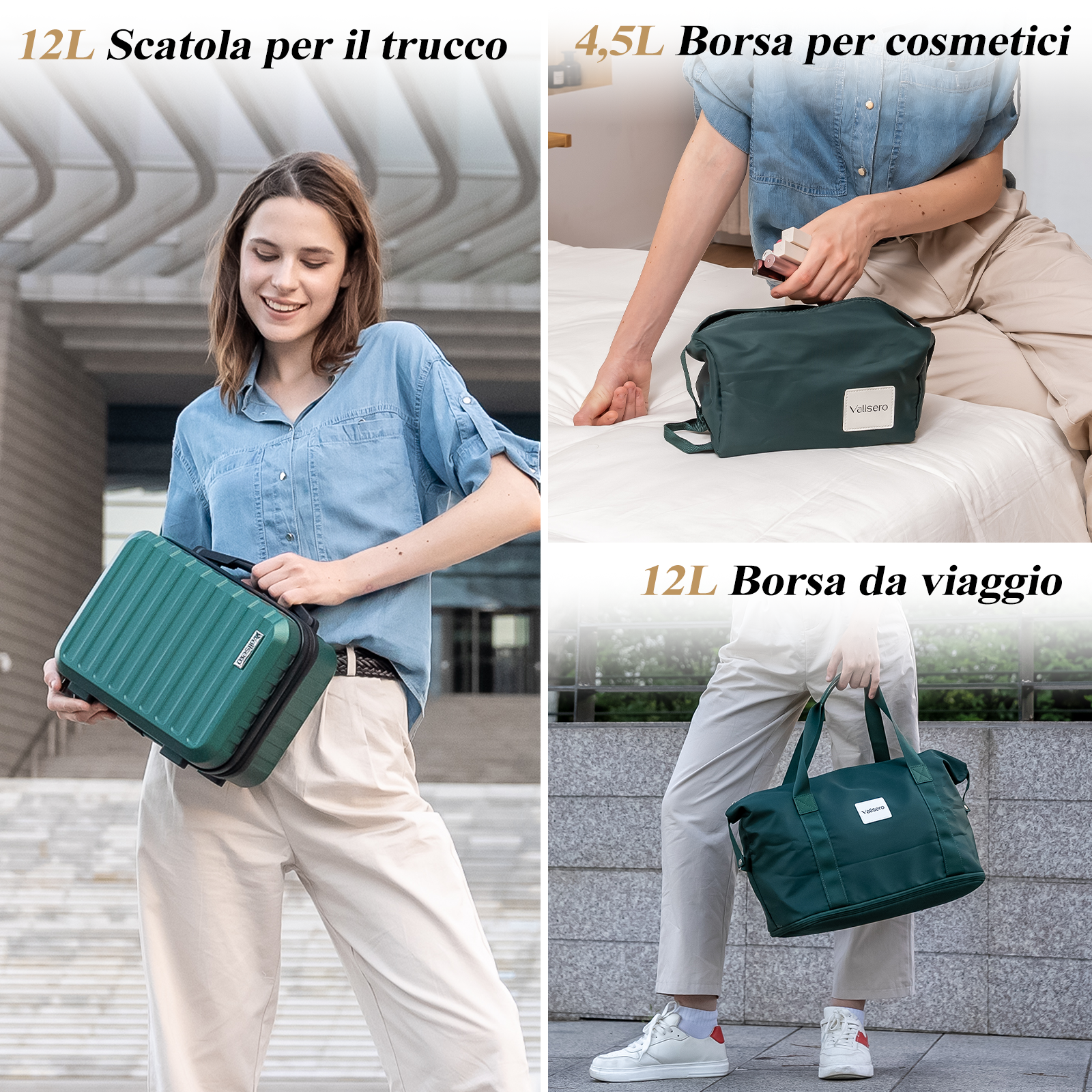 L'immagine mostra tre borse diverse. In alto a sinistra: donna che tiene una valigetta per il trucco verde. In alto a destra: persona che tiene una borsa per cosmetici verde. In basso: persona che tiene una borsa da viaggio verde.