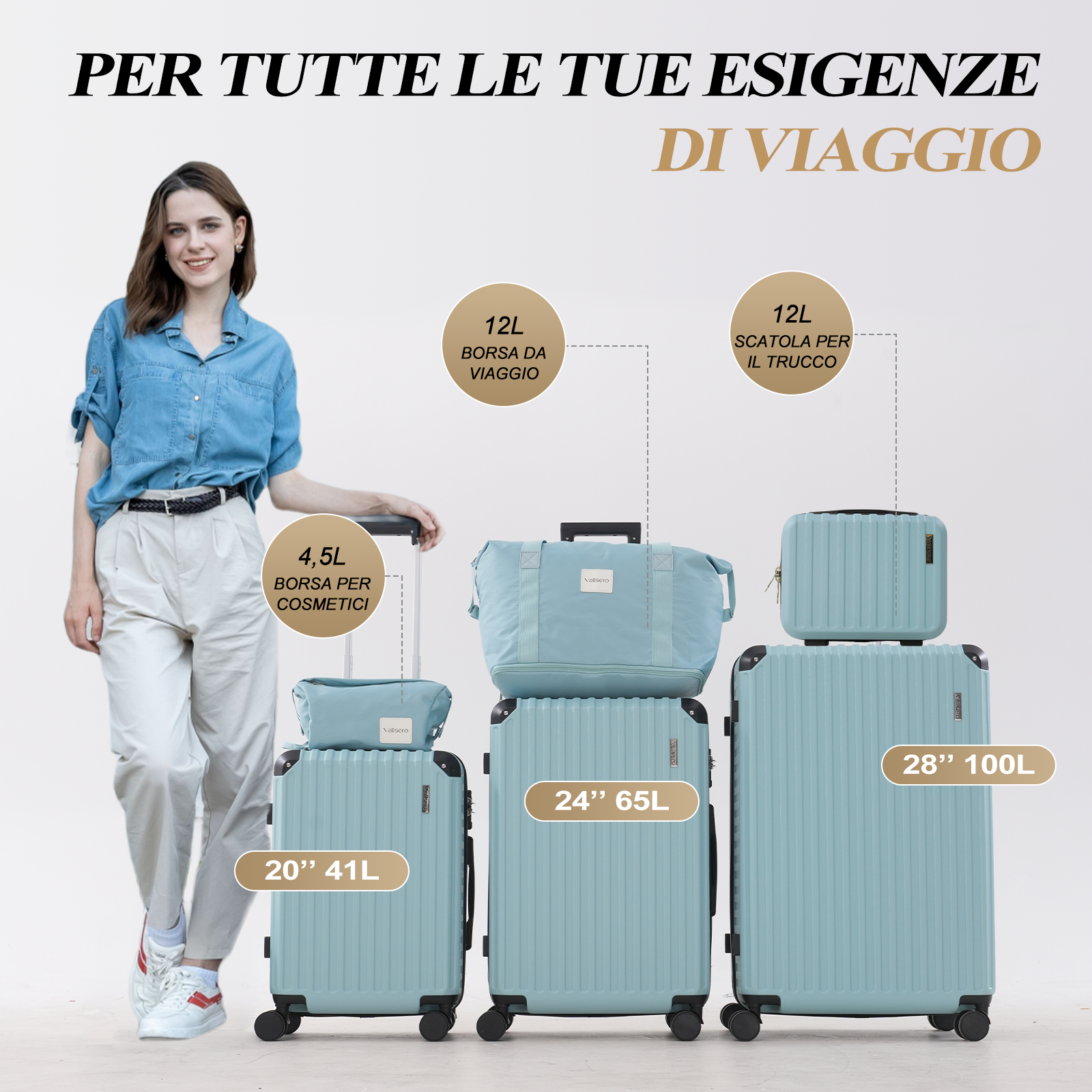 Donna in piedi vicino a bagagli di varie dimensioni e colori. Il testo recita 'PER TUTTE LE TUE ESIGENZE DI VIAGGIO' e la capacità della borsa.