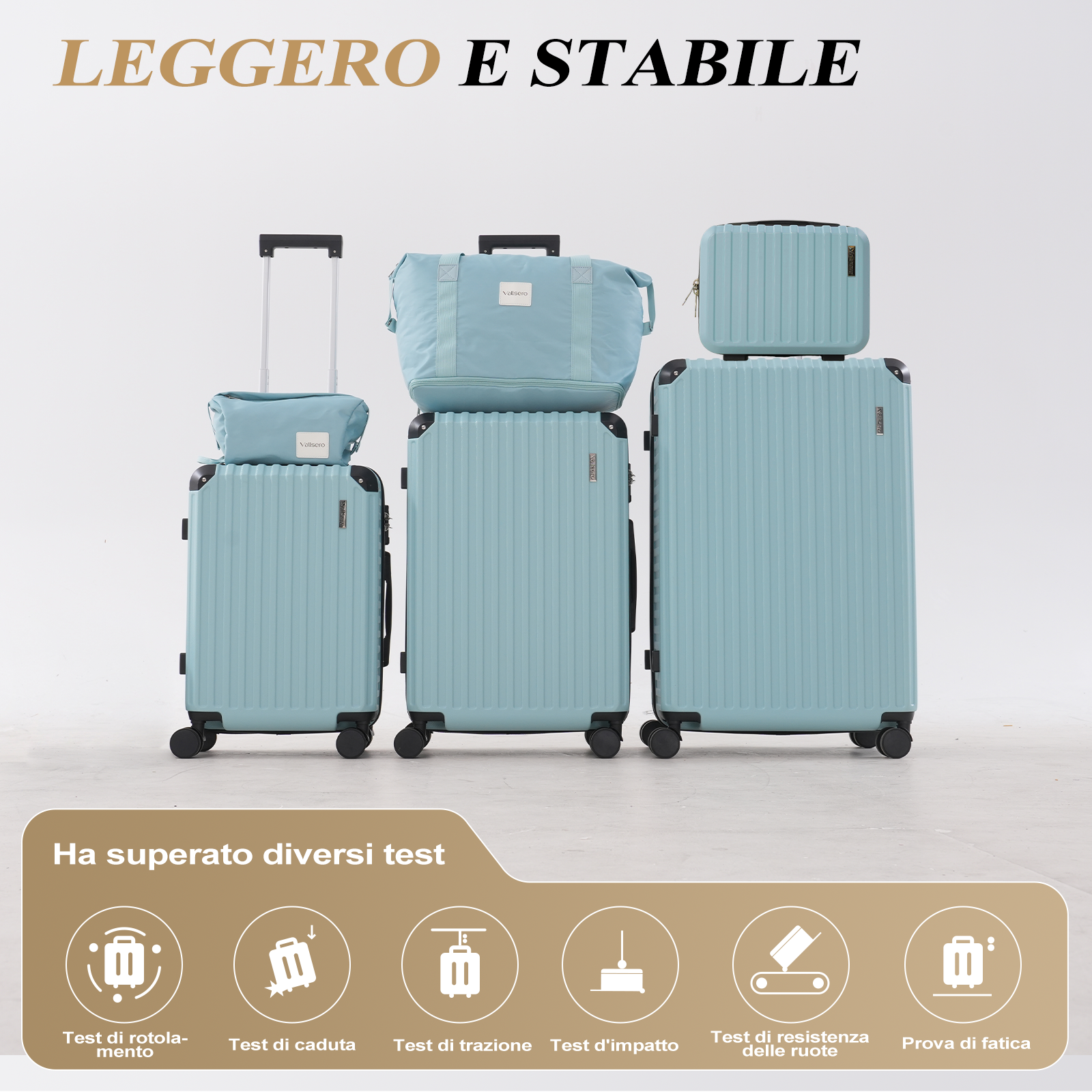 Diverse valigie blu di diverse dimensioni sono impilate. Sfondo bianco, con testo italiano. Il testo dice che hanno superato i test.
