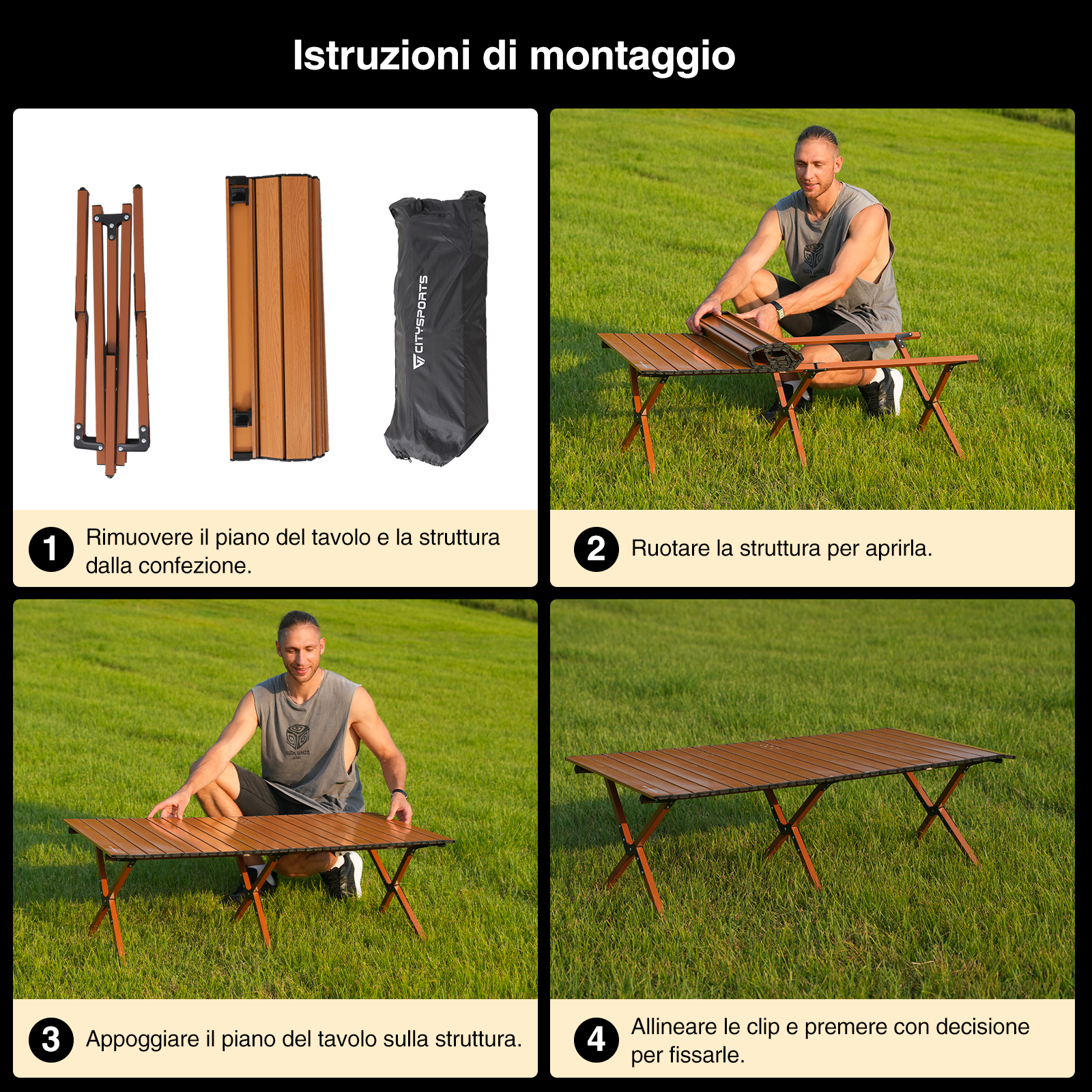 Le istruzioni mostrano l'assemblaggio del tavolo. Un uomo assembla il tavolo di legno sull'erba. Le parti includono il piano del tavolo, il telaio e la borsa. I passaggi sono numerati.