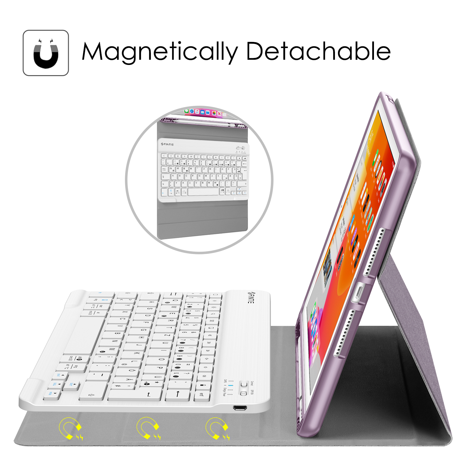 Eine weiße Tastatur mit einem Tablet in einer lila Hülle. Die Tastatur ist magnetisch an einer grauen Abdeckung befestigt.