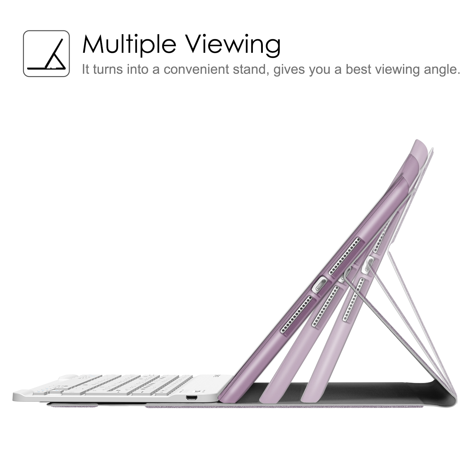 Ein Tablet mit Tastatur ist in einem Winkel aufgestellt und zeigt mehrere Betrachtungspositionen. Die Farbe ist lila.