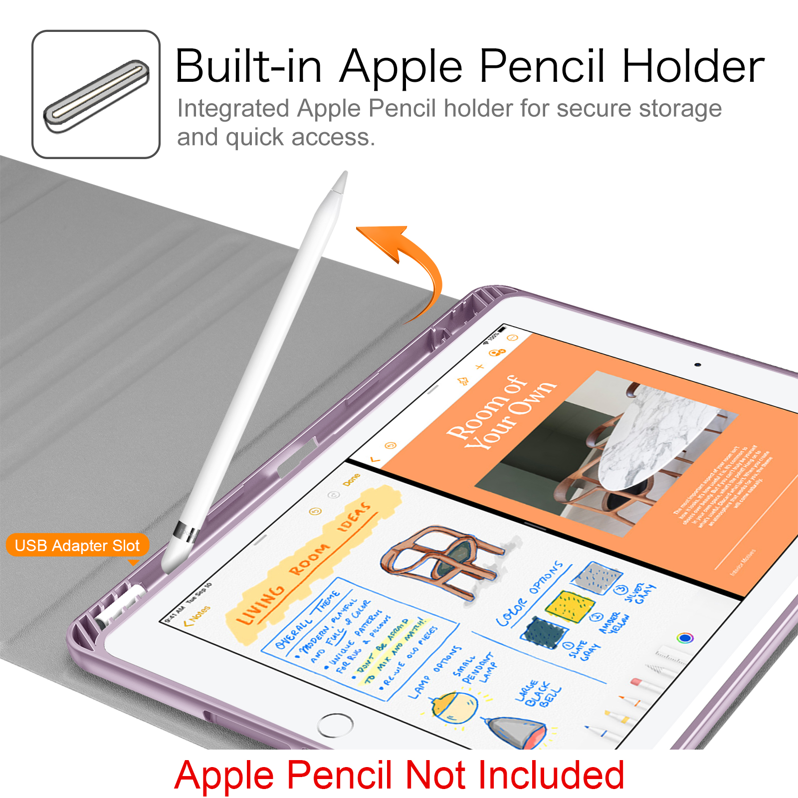 Ein iPad mit Stift und integriertem Apple Pencil-Halter wird gezeigt. Der Bildschirm zeigt ein Raumdesign mit Designideen.