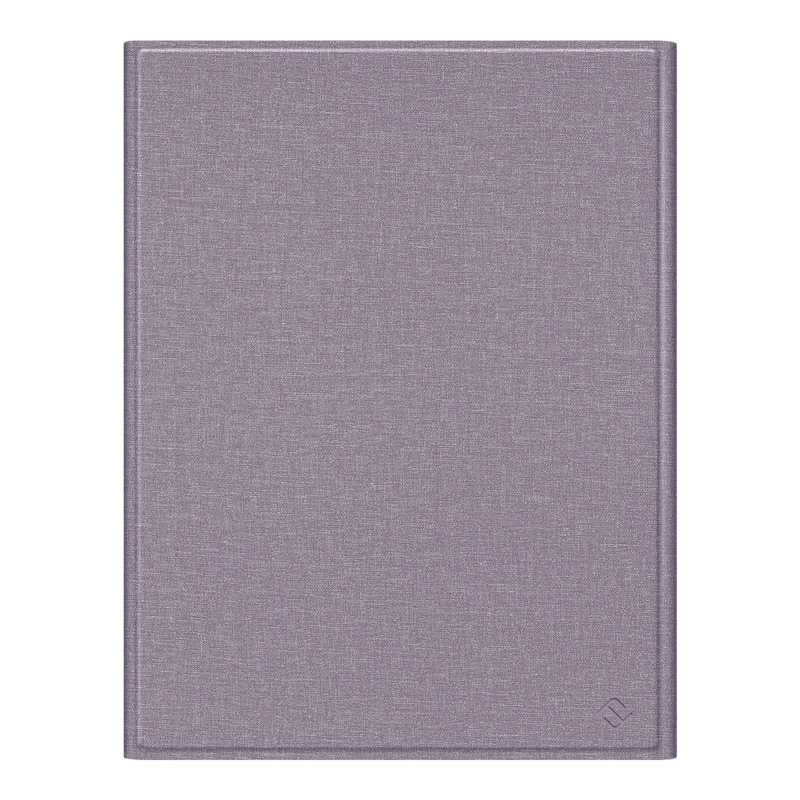 Ein rechteckiger, strukturierter, lavendelfarbener Einband, möglicherweise für ein Buch oder Tablet, mit einem Logo.
