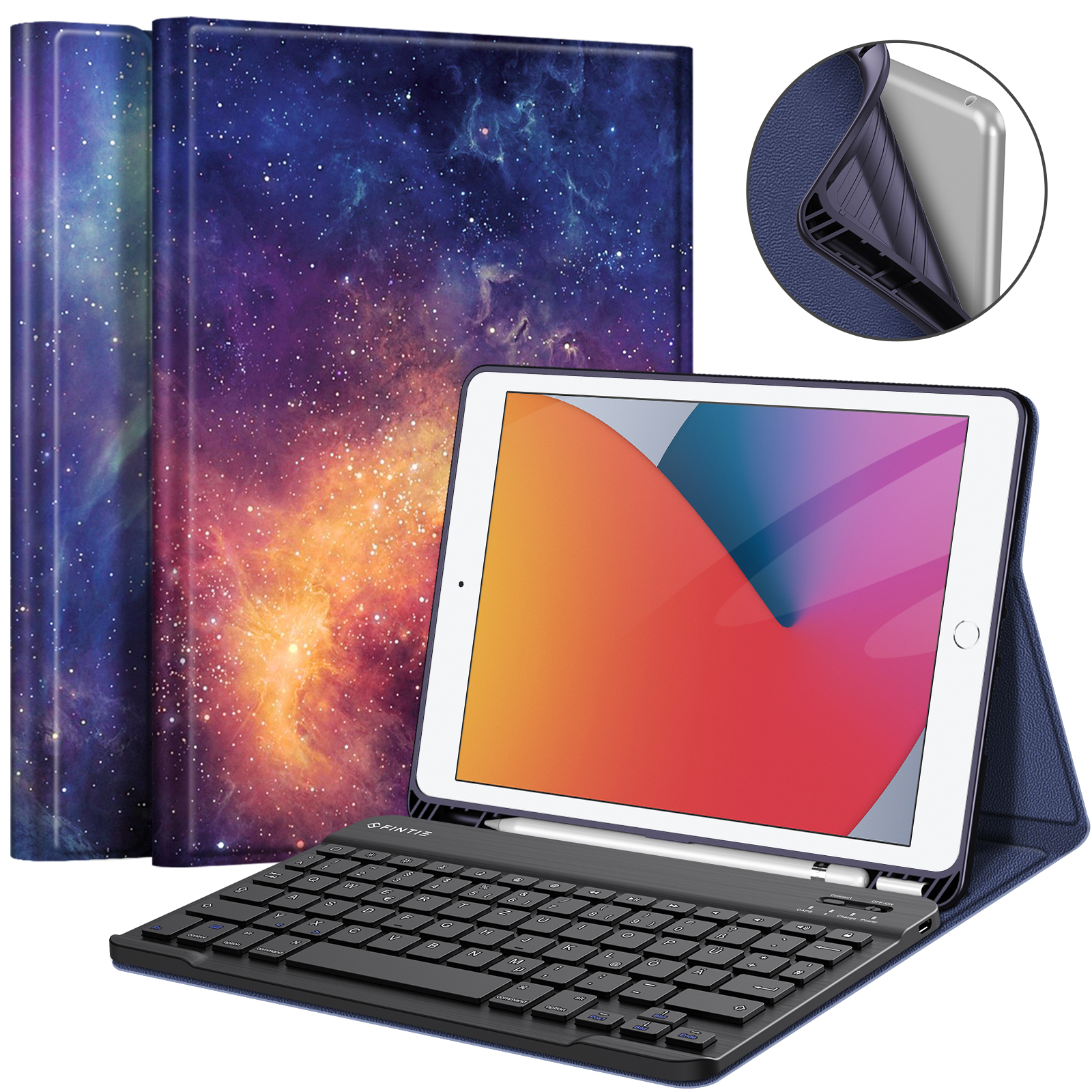 Tablet mit Tastaturhülle und Hüllen mit Galaxiedruck. Eine Nahaufnahme zeigt die Rückseite des Tablets in einer blauen Hülle.