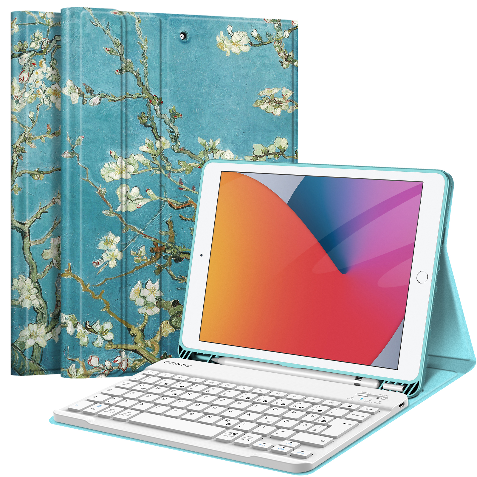 Ein iPad mit weißer Tastaturhülle. Die Hülle zeigt ein Gemälde von Mandelblüten. Der Bildschirm zeigt einen bunten Farbverlauf.